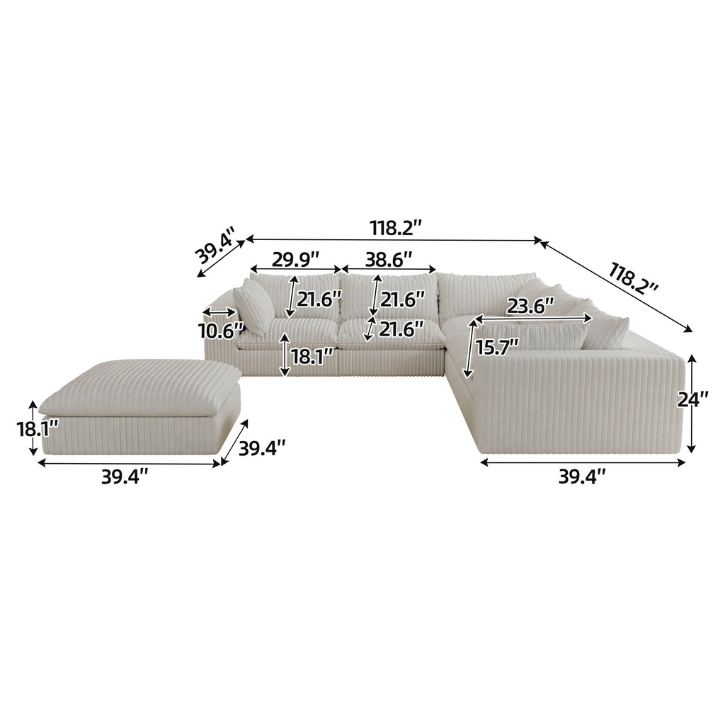 118.2' Cloud Sofa,Corduroy Fabric,Deep Seat Couches,Double-layer design,Removable Cushion,No Assembly, DIY Combination for Living room, Bedroom,Conference room ,Apartment,White