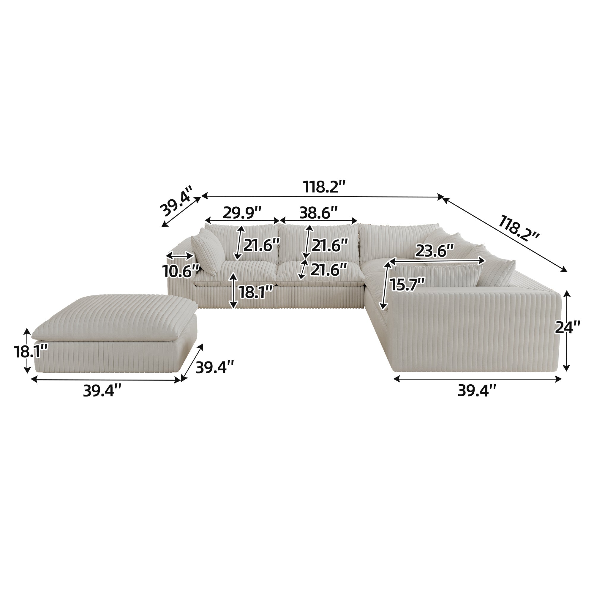 118.2' Cloud Sofa,Corduroy Fabric,Deep Seat Couches,Double-layer design,Removable Cushion,No Assembly, DIY Combination for Living room, Bedroom,Conference room ,Apartment,White