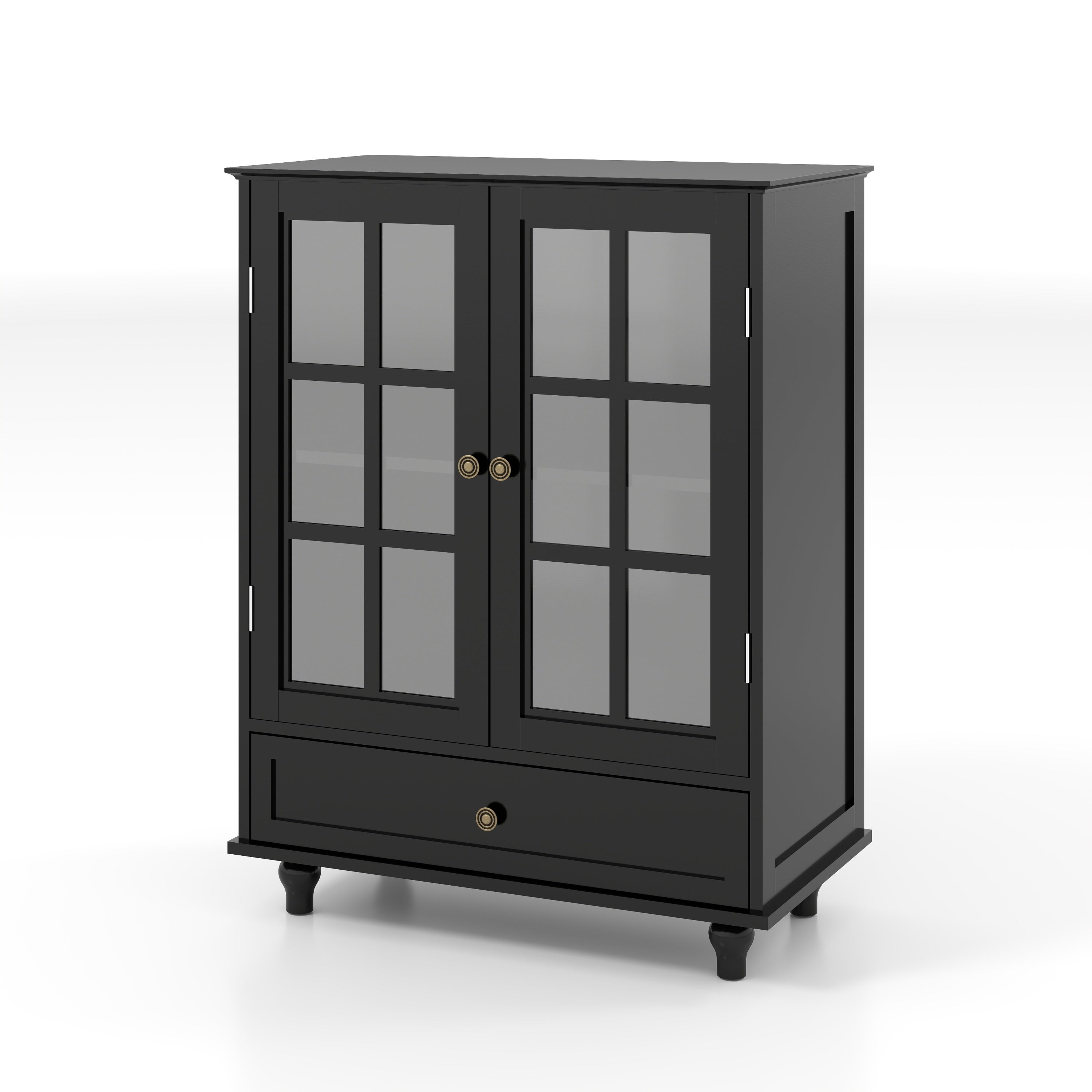 Minimalist Buffet Cabinet with Double Glass Doors and Drawer, Modern Wooden Storage Sideboard in Black