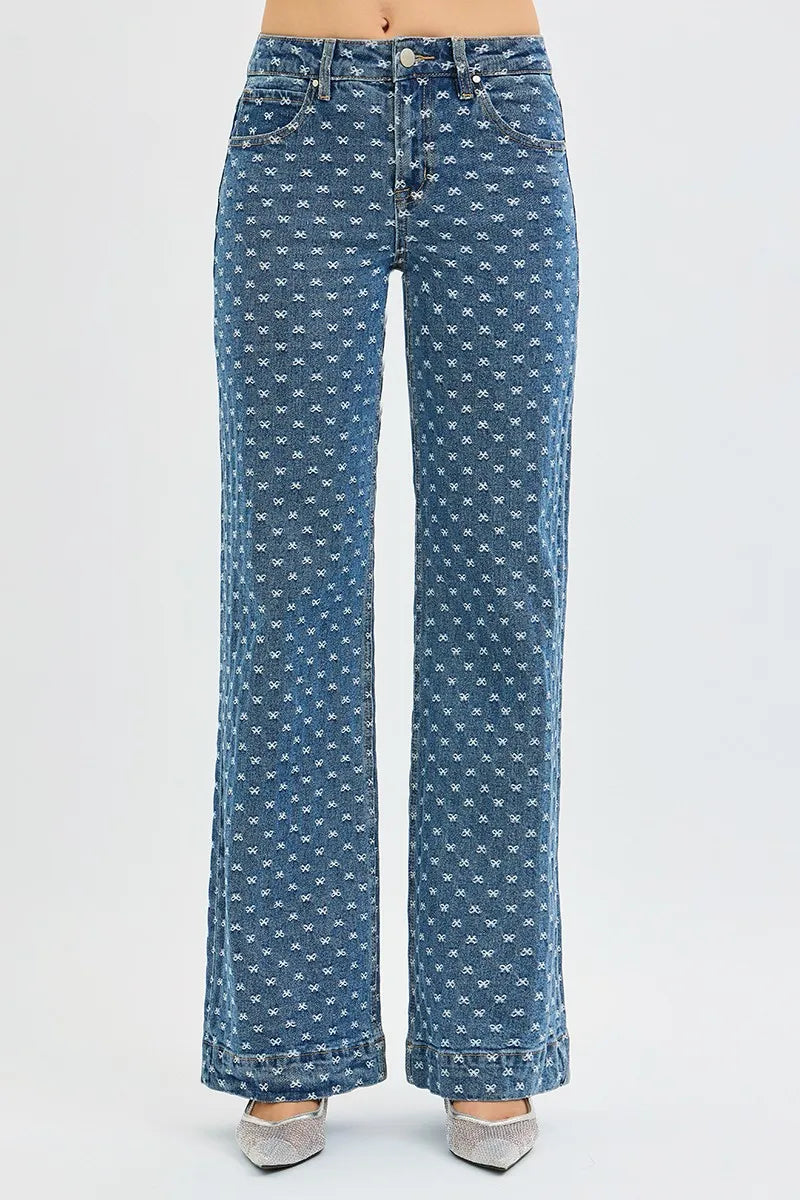 Risen High Rise Wide Leg Bow Embroidered Jeans For Women