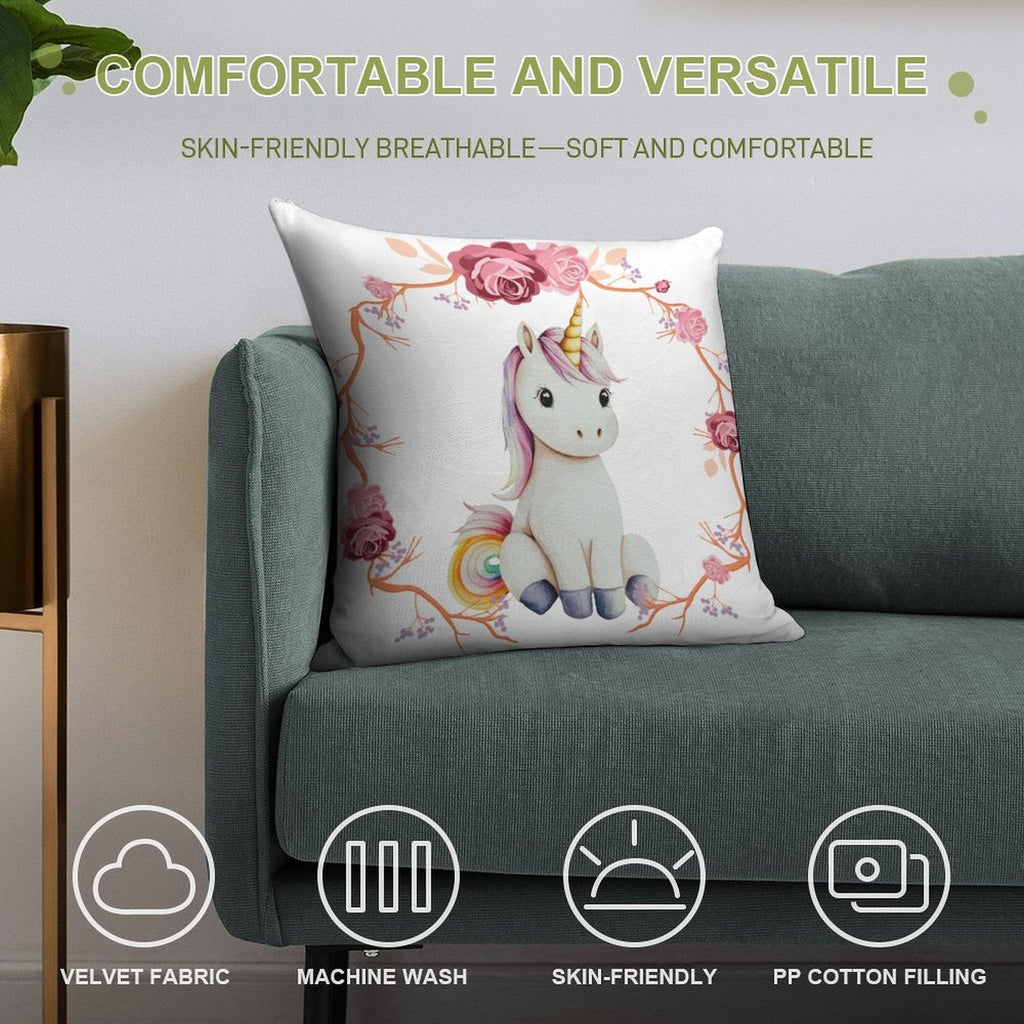 Baby Unicorn with Pink Roses Ultra-soft Pillowcase - 18" × 18"