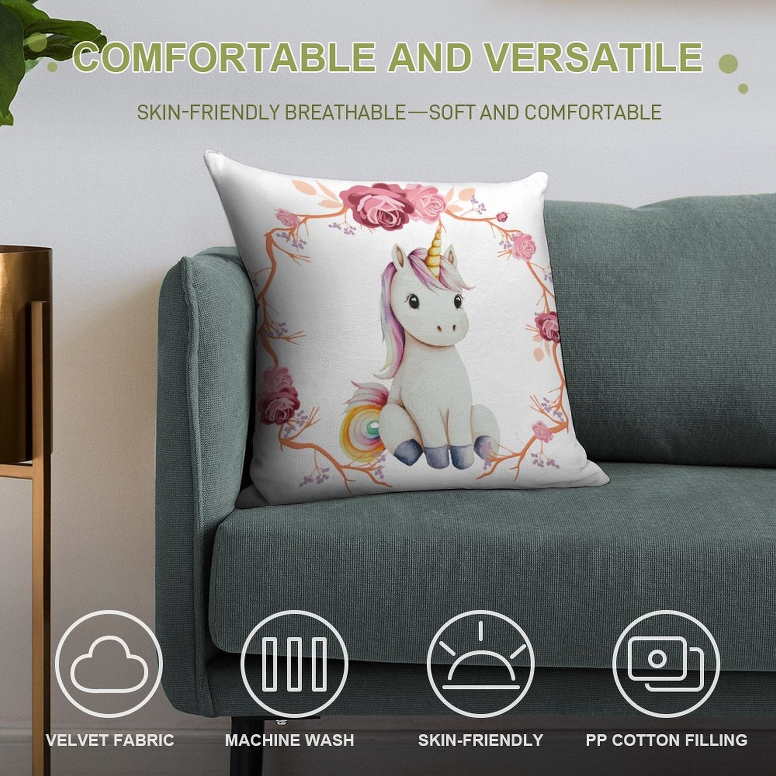 Baby Unicorn with Pink Roses Ultra-soft Pillowcase - 18" × 18"