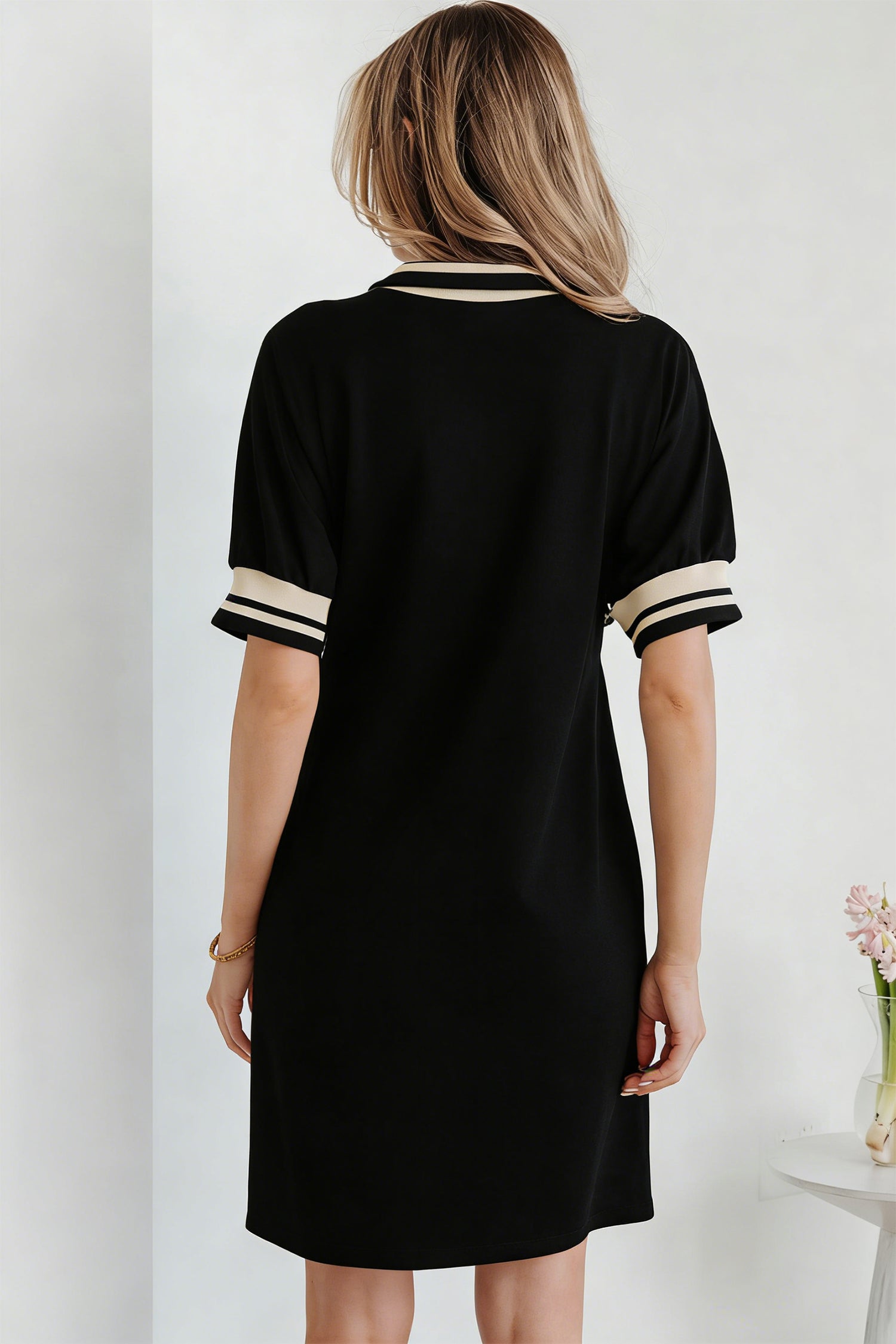 Stripe Trim Zipped Polo Collar Tee Dress