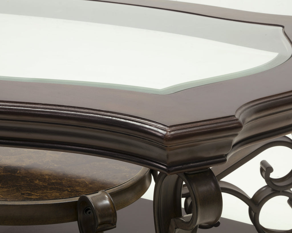 Cocktail Table, Glass table top, MDF W/marble paper middle shelf, powder coat finish metal legs. (52'Lx32'Wx20.3'H)