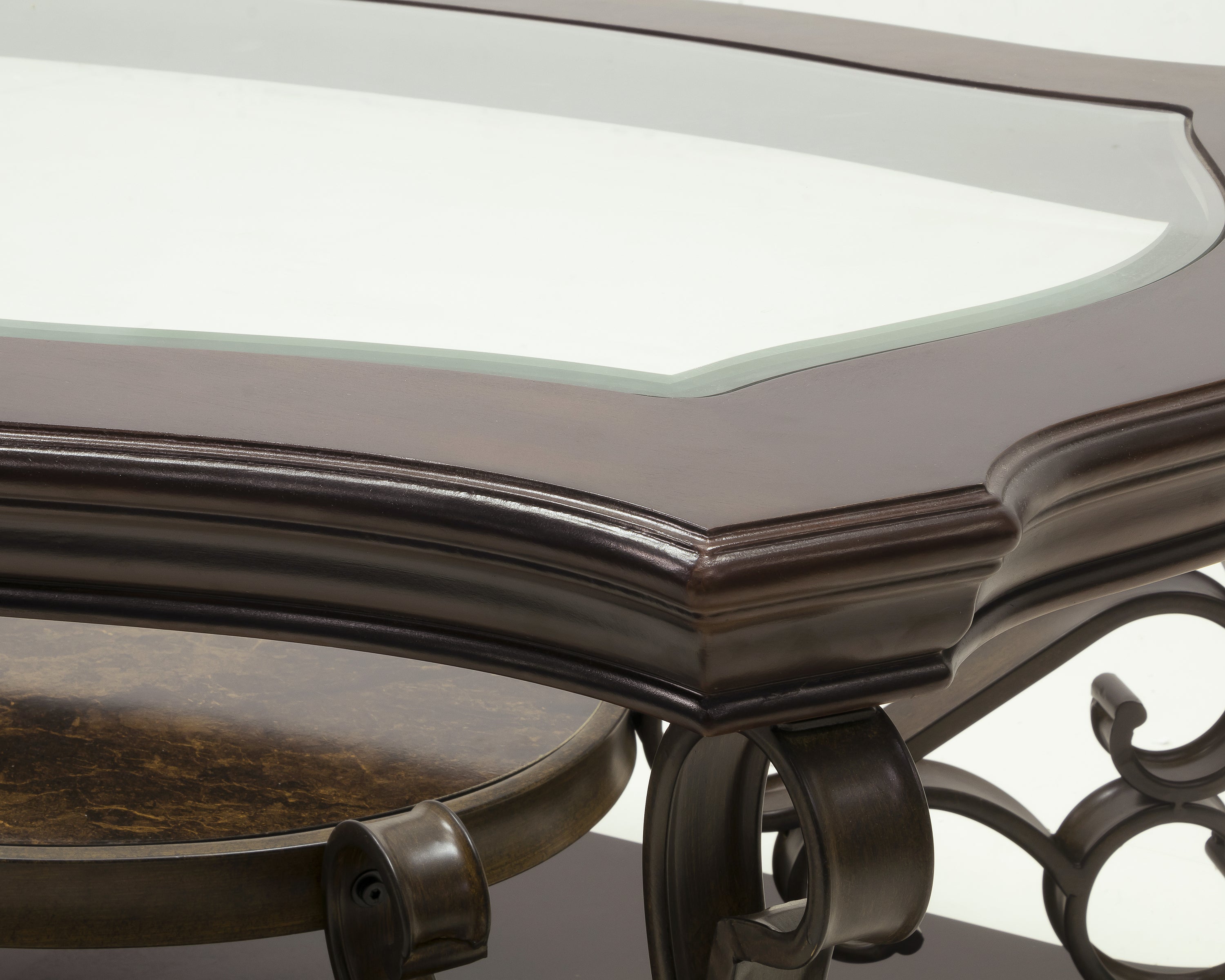 Cocktail Table, Glass table top, MDF W/marble paper middle shelf, powder coat finish metal legs. (52'Lx32'Wx20.3'H)