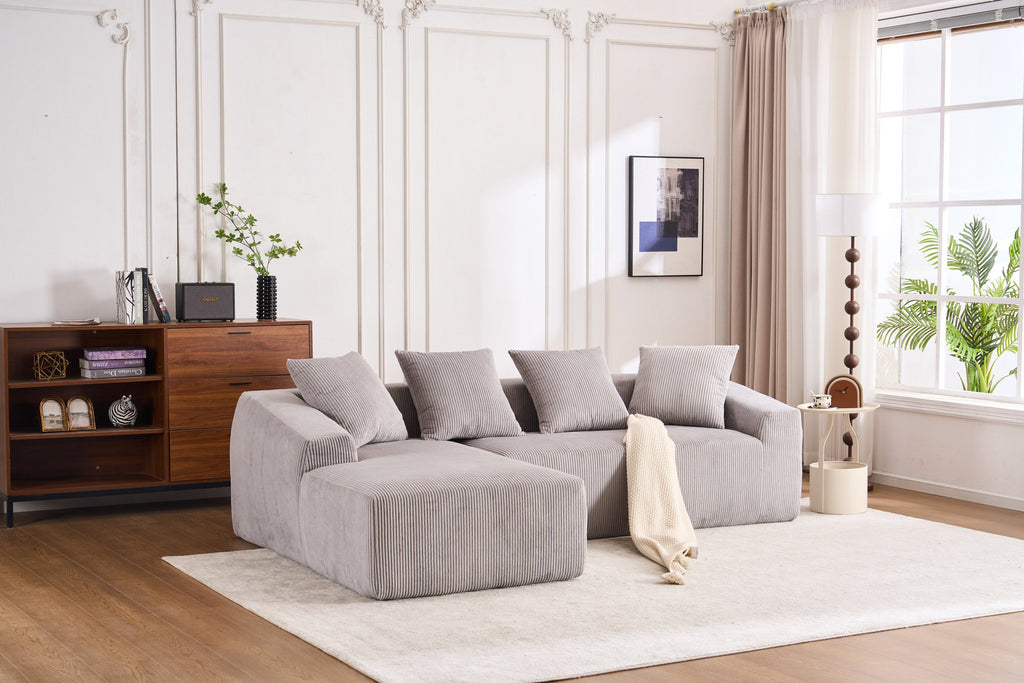 LY-023 LIGHT GREY COMPRESSION SOFA: Combining chaise longue with 3-seater, Corduroy Fabric, full sponge compression sofa,combined sofa with 4 pillows for living/ Home Furniture/ Apartment