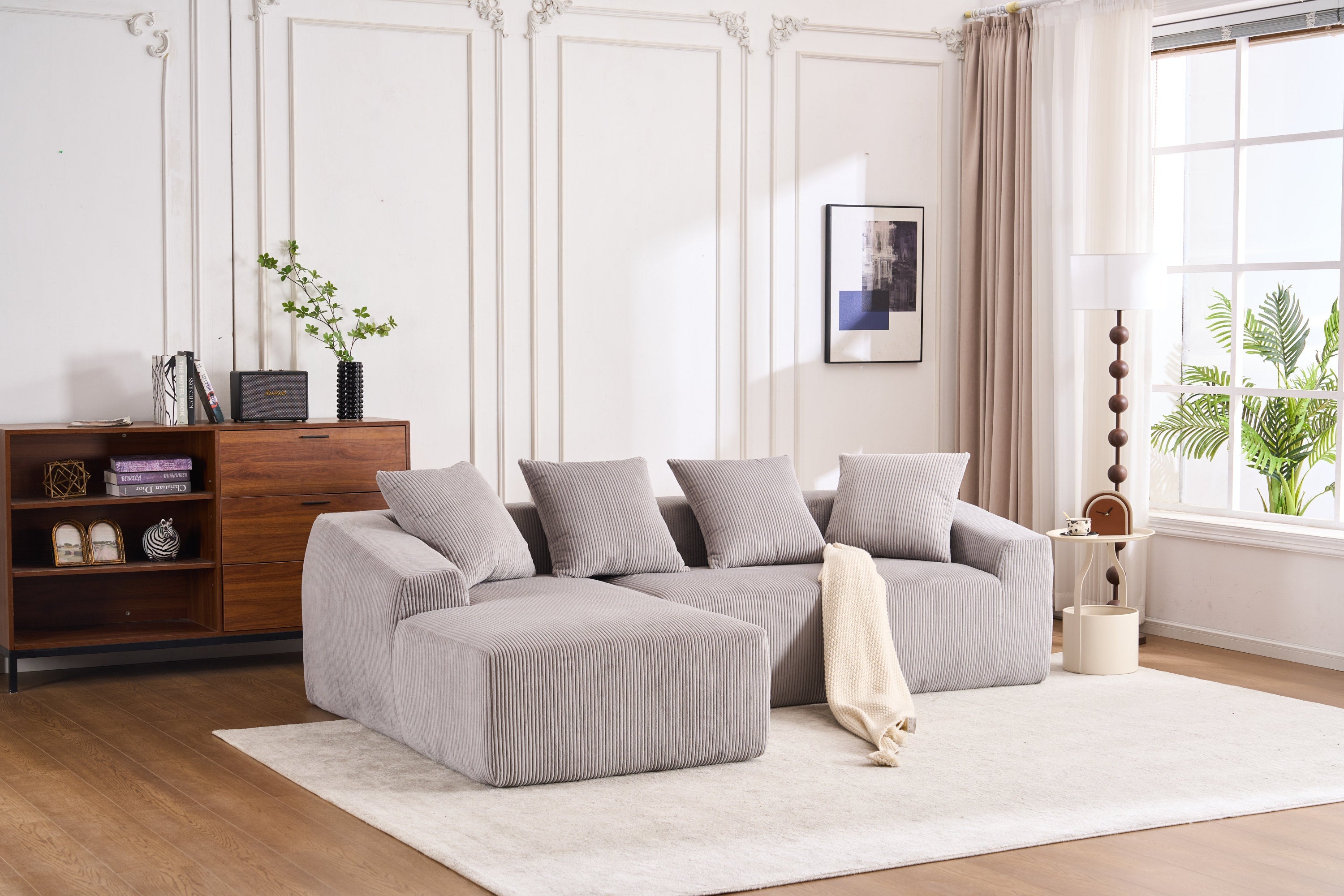 LY-023 LIGHT GREY COMPRESSION SOFA: Combining chaise longue with 3-seater, Corduroy Fabric, full sponge compression sofa,combined sofa with 4 pillows for living/ Home Furniture/ Apartment