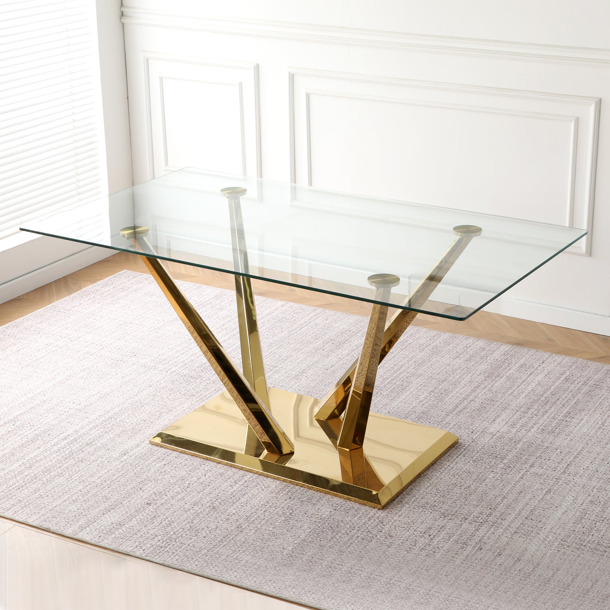 Modern style glass dining table, elegant transparent design, sturdy stainless steel base, White dining chair set, with gold-plated chair legs, suitable for dining room and kitchen (set of 7)