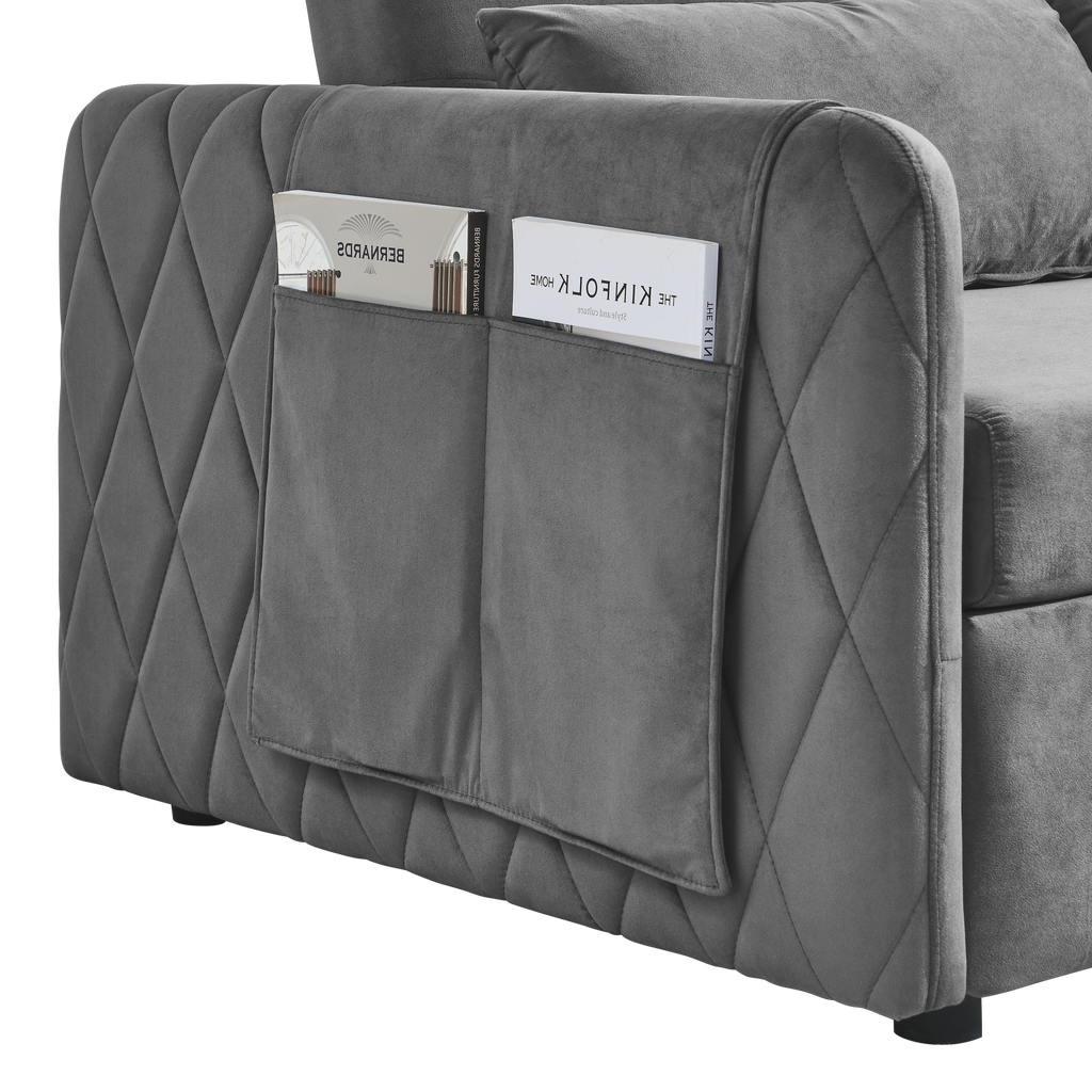 55' Modern Convertible Sofa Bed with 2 Detachable Arm Pockets, Velvet Loveseat Sofa with Pull Out Bed, 2 Pillows and Living Room Adjustable Backrest, Grid Design Armrests