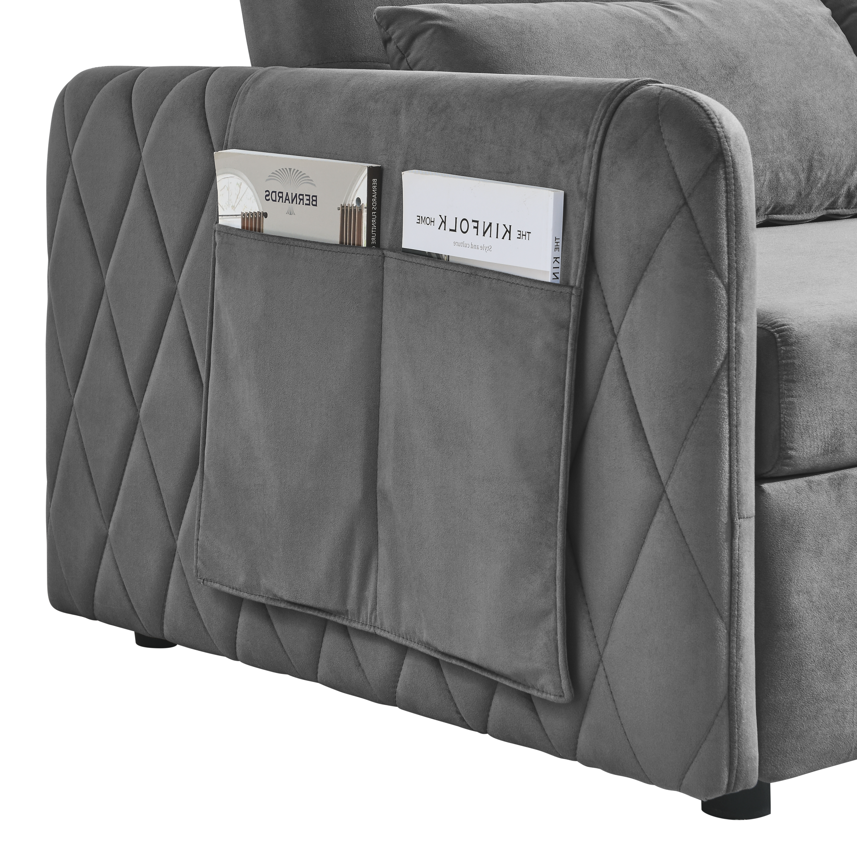 55' Modern Convertible Sofa Bed with 2 Detachable Arm Pockets, Velvet Loveseat Sofa with Pull Out Bed, 2 Pillows and Living Room Adjustable Backrest, Grid Design Armrests
