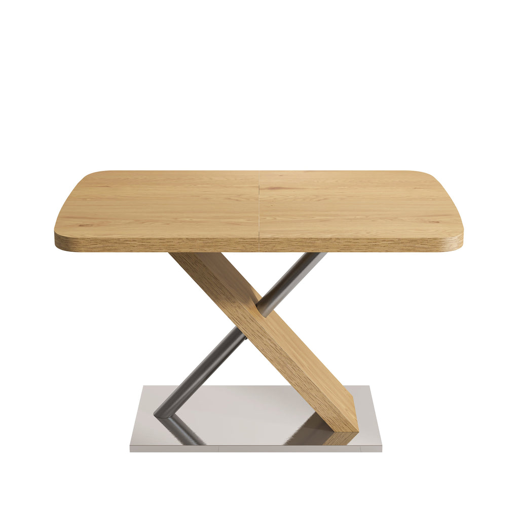 47.25 '-63' Dining Table, Original Wood Color, Seating 4-6 People, Retractable Table, Cross Metal Base and Stainless Steel Tubing(Natural)