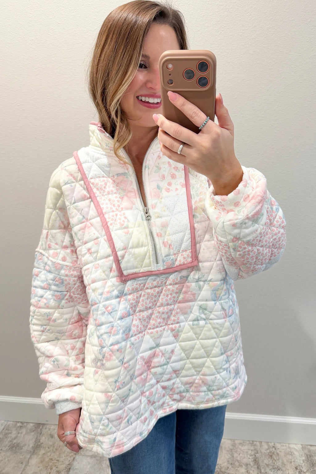 Floral Quilted Metal Zipper Collar Long Sleeve Sweatshirt