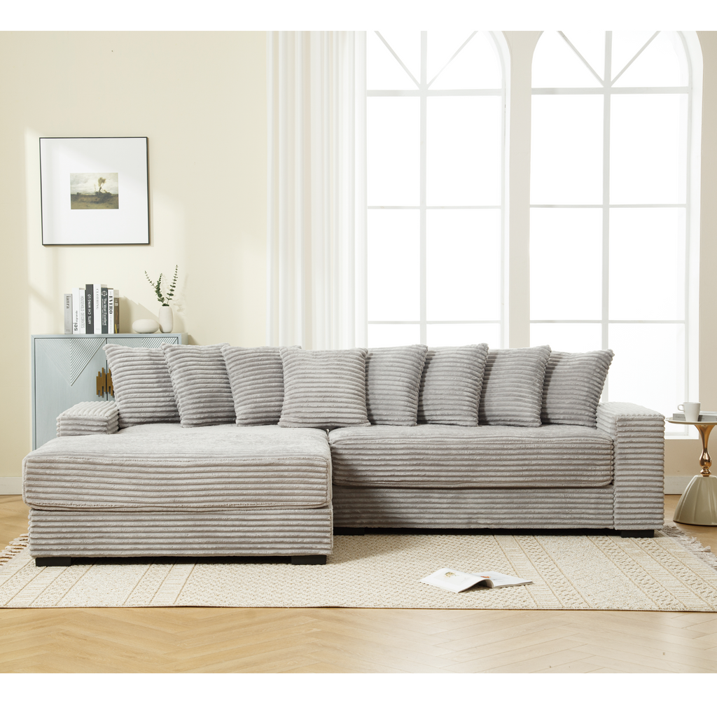 [NEW ARRIVED] [VIDEO PROVIDED] Oversized Two-Piece  Couches,  L Shaped Sofa, Corduroy, Left Chaise Daybed,with Armrests,Eight Throw Pillows,Corner Sofa,Easy To Assemble,  Gray