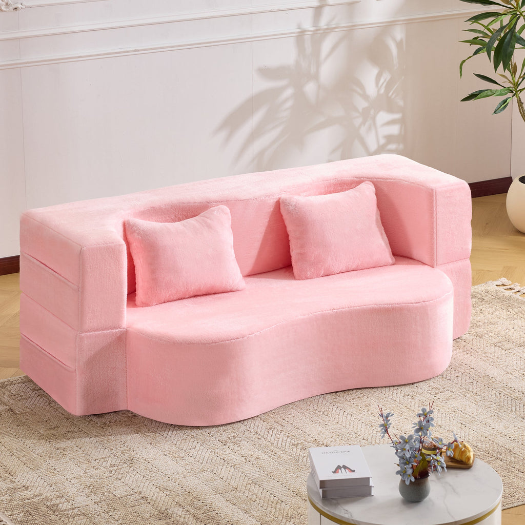 71-inch folding sofa bed, chenille futon sofa bed, high-density foam convertible sofa bed, folding floor sofa bed for living room, guest room, bedroom, pink