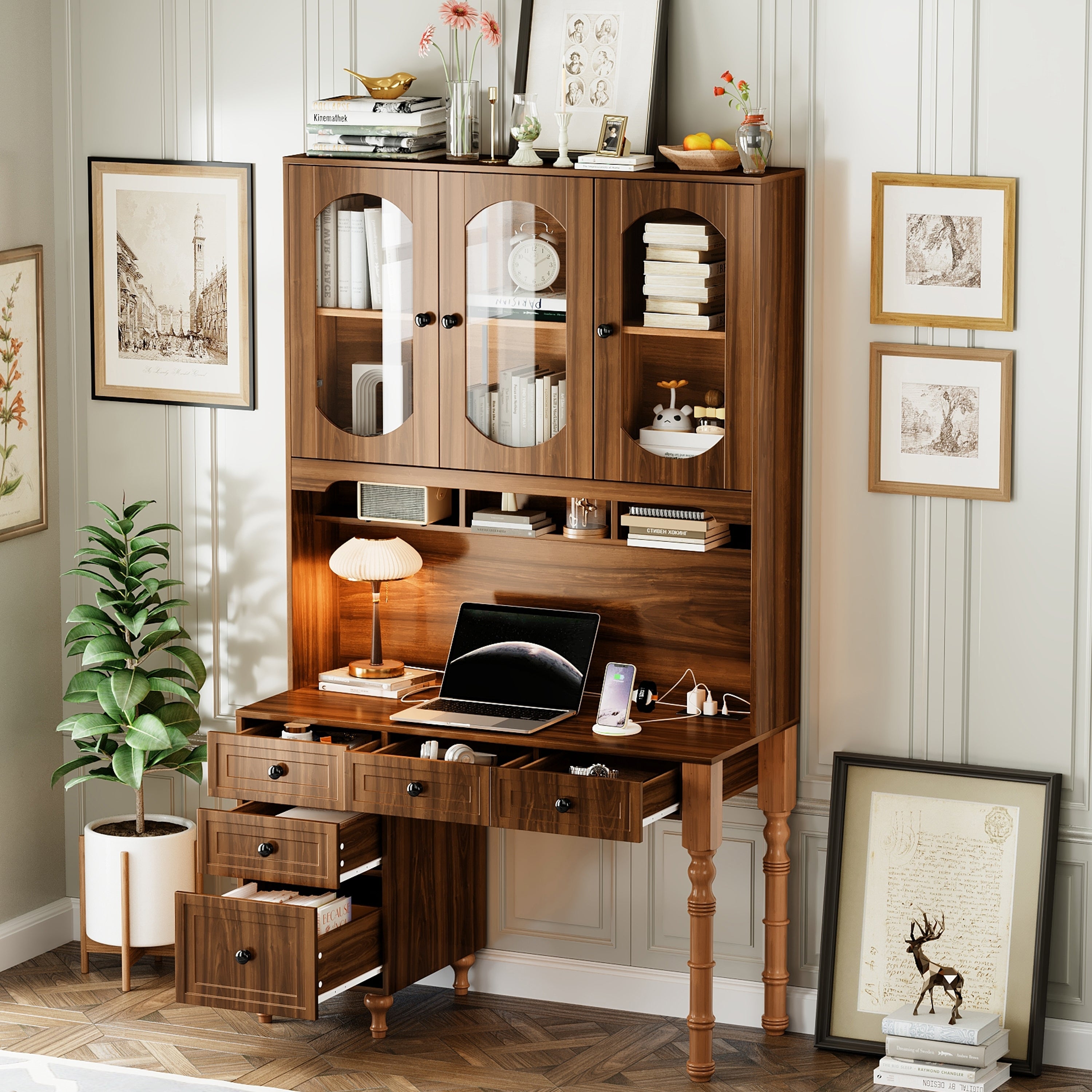 47'' Retro Desk with Charging Ports and Hutch Cabinet, Office Desk with 5 Storage Drawers and Transparent Glass-Door Bookshelf, Executive Computer Desk for Home Office, Bedroom, Walnut