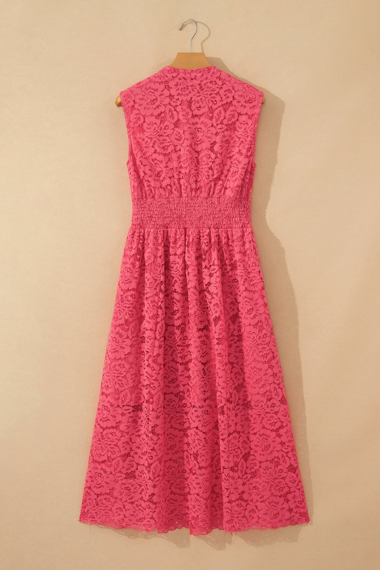 Floral Lace Zip Up V-Neck Smocked Waist Sleeveless Dress