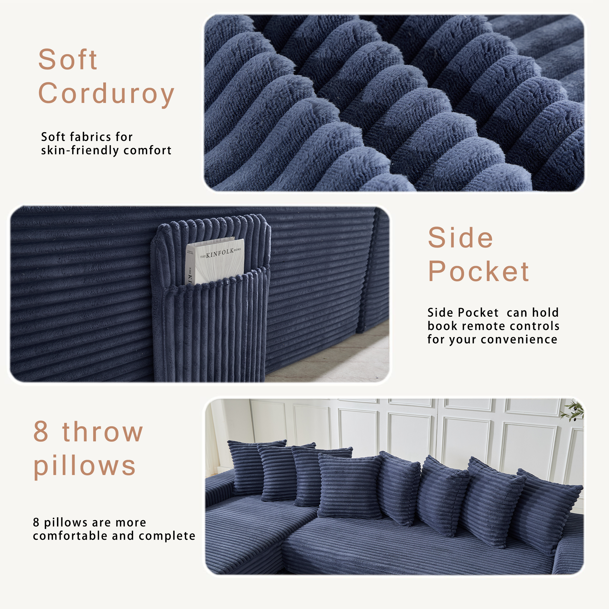 [NEW ARRIVED] [VIDEO PROVIDED] Oversize Cloud Sectional Couch, L-Shape Sofa, Convertible Floor Sleeper Sofa Bed, No Assembly ,Eight pillows,3-in-1,Magazine bag,(Right Facing Sofa),3 Seat,Corduroy,Blue