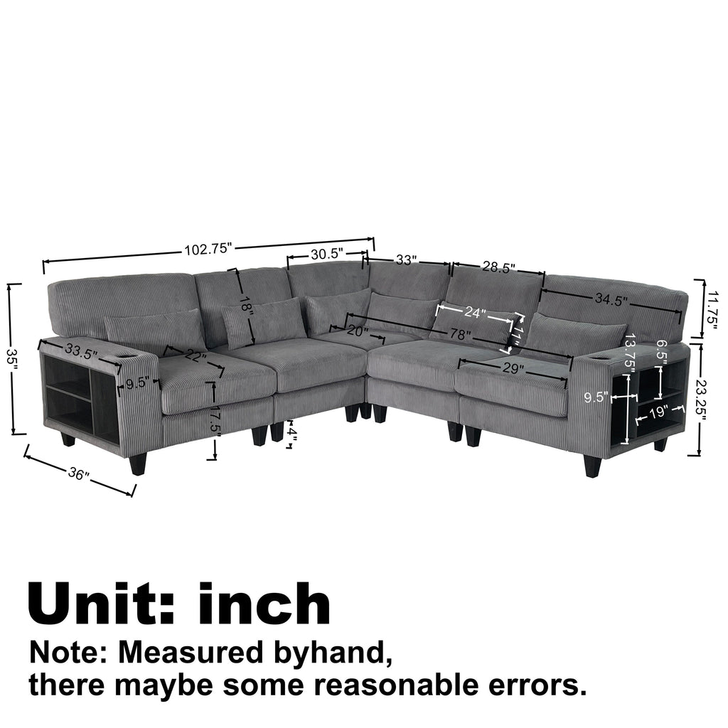 102.75*102.75' L-Shaped Modular Sectional Sofa, Modern Corduroy Sectional Sofa, Arm with Storage With Cup Holder 5-Seat Convertible Sectional Sofa for Living Room, Bedroom, Lounge and Projection Room