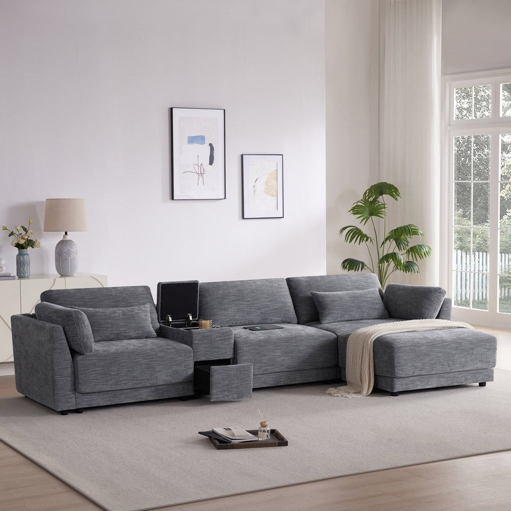[VIDEO+NEW]124'' Modular Sectional Sofa with Storage Console and Movable Ottoman,33'' Wide Seat,4 Seat L Shaped Chenille Couch,Reversible Comfy Sofa with USB Charger for Living Room,Apartment,2 Colors