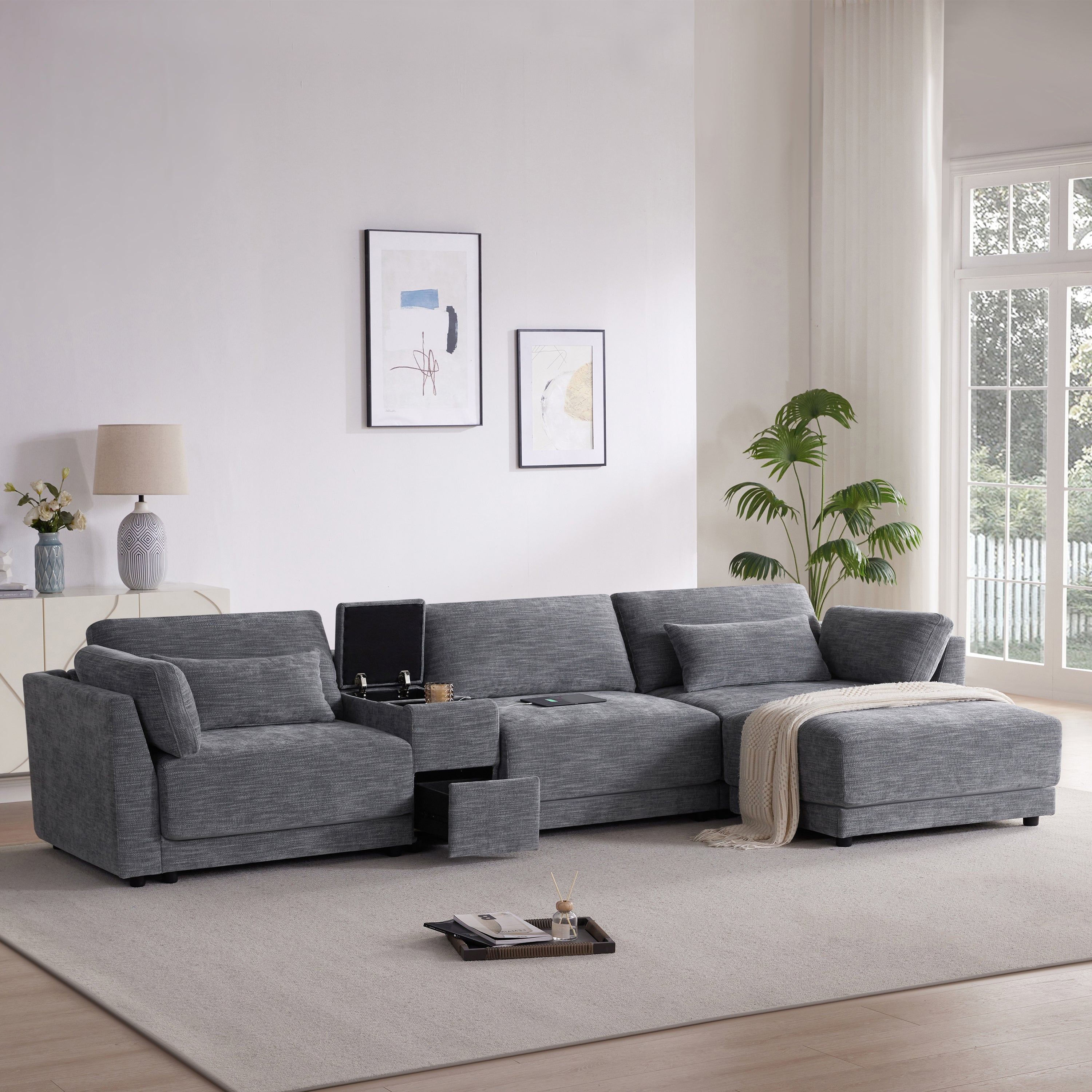 [VIDEO+NEW]124'' Modular Sectional Sofa with Storage Console and Movable Ottoman,33'' Wide Seat,4 Seat L Shaped Chenille Couch,Reversible Comfy Sofa with USB Charger for Living Room,Apartment,2 Colors