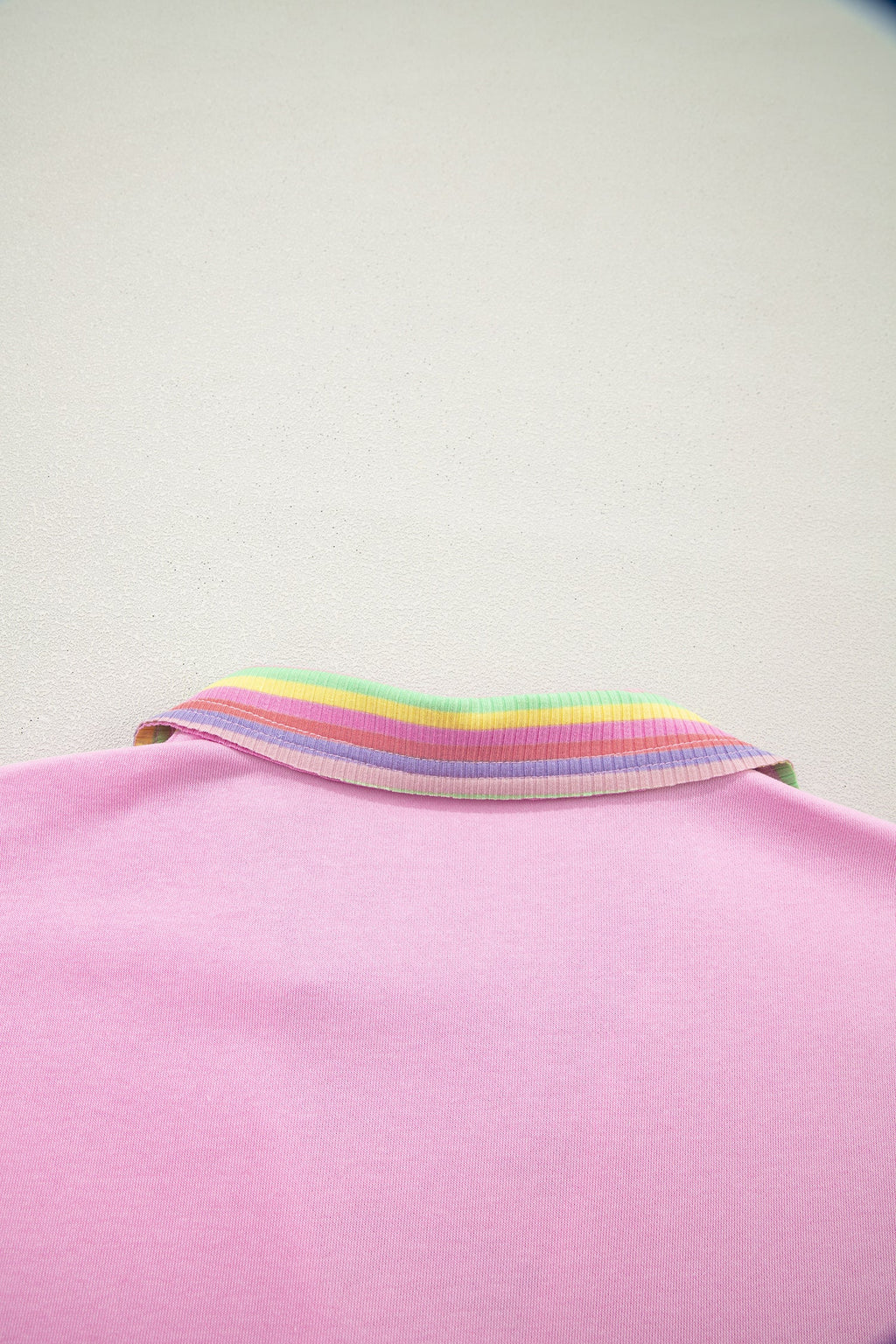 Rainbow Stripe Ribbed Patchwork Oversize Polo Tee