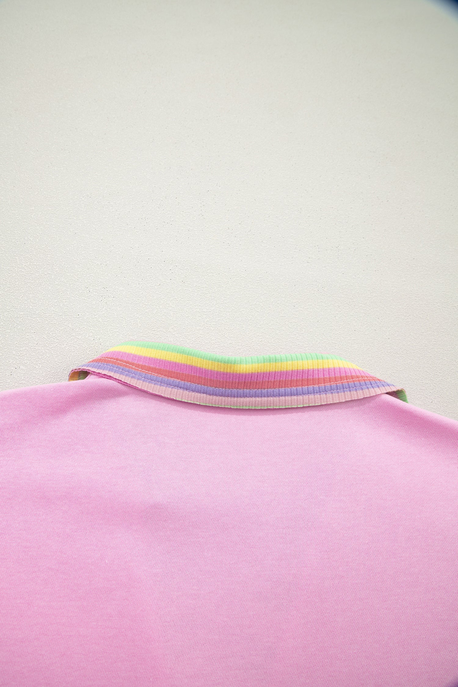 Rainbow Stripe Ribbed Patchwork Oversize Polo Tee