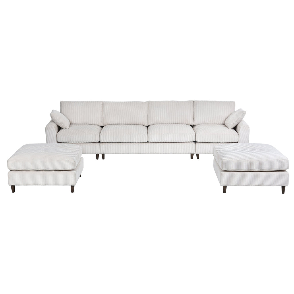 Modern corduroy modular section sofa, U-shaped convertible L-shaped sofa set with pillow, oversized sectional sofa with footstool, suitable for living room, attic, apartment, office - white 6 seat