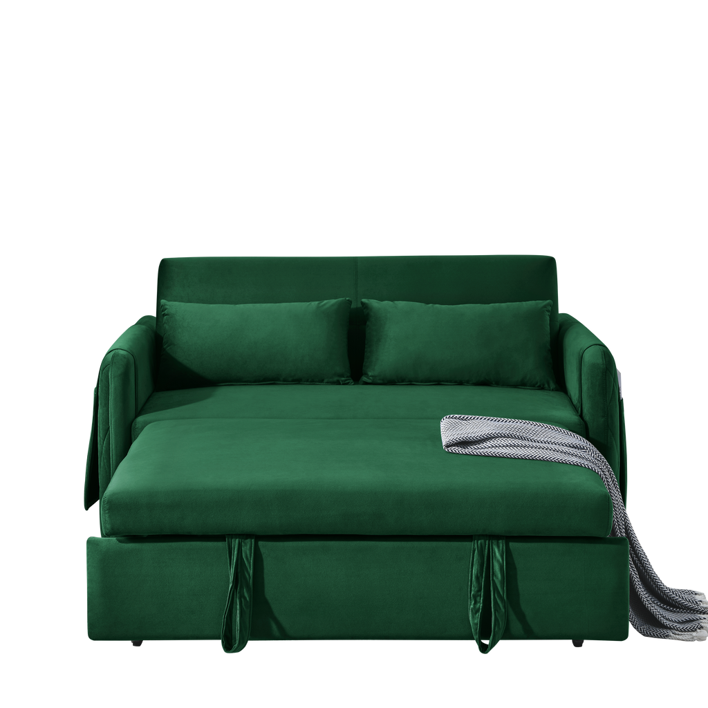 55' Modern Convertible Sofa Bed with 2 Detachable Arm Pockets, Velvet Loveseat Sofa with Pull Out Bed, 2 Pillows and Living Room Adjustable Backrest, Grid Design Armrests