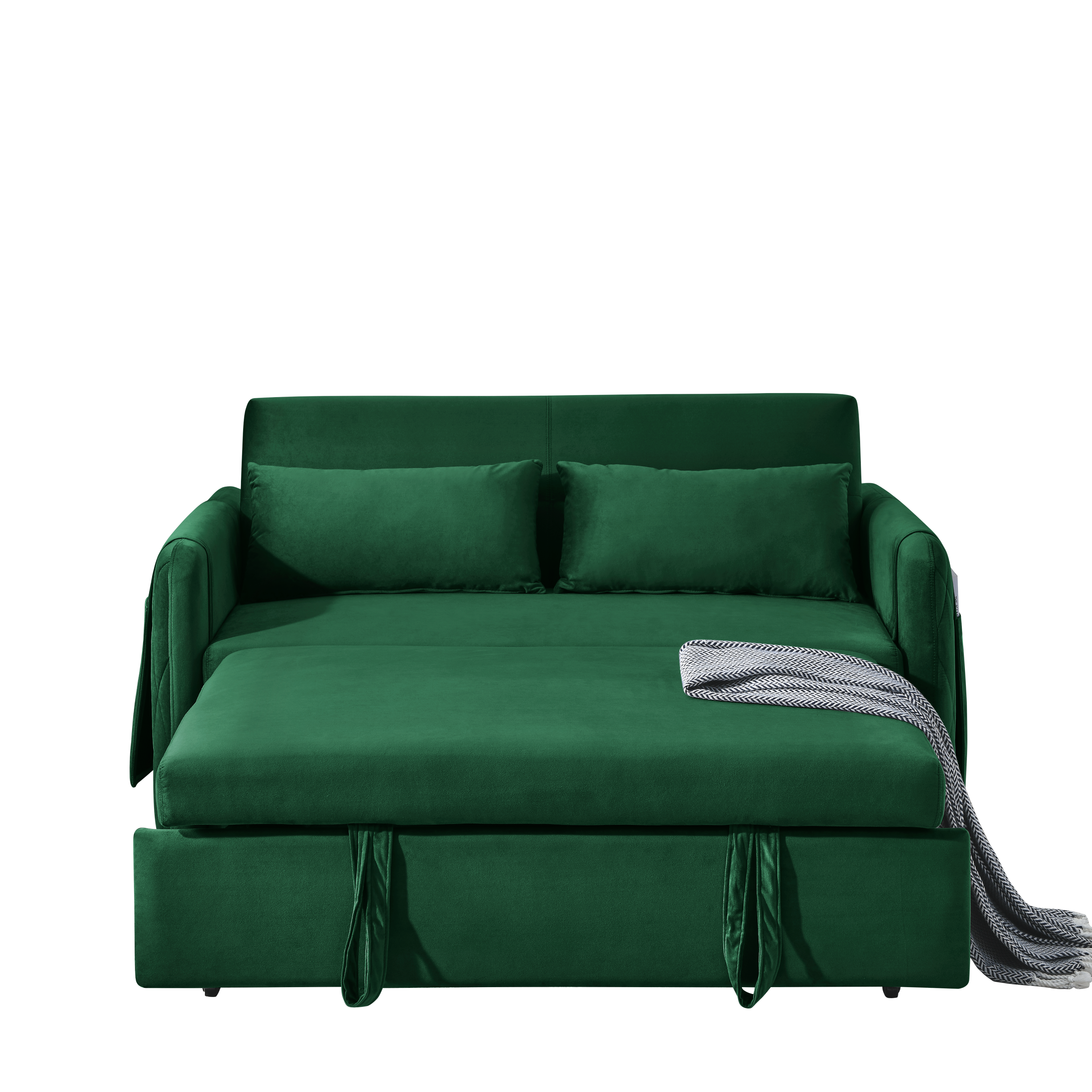 55' Modern Convertible Sofa Bed with 2 Detachable Arm Pockets, Velvet Loveseat Sofa with Pull Out Bed, 2 Pillows and Living Room Adjustable Backrest, Grid Design Armrests