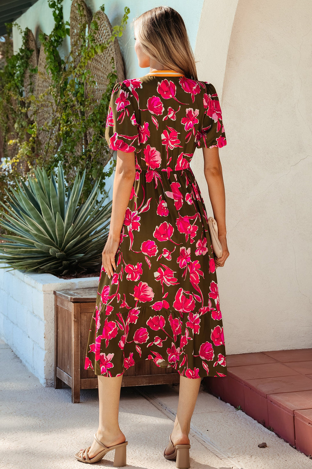 Floral Stripe Trim Short Puff Sleeve Maxi Dress