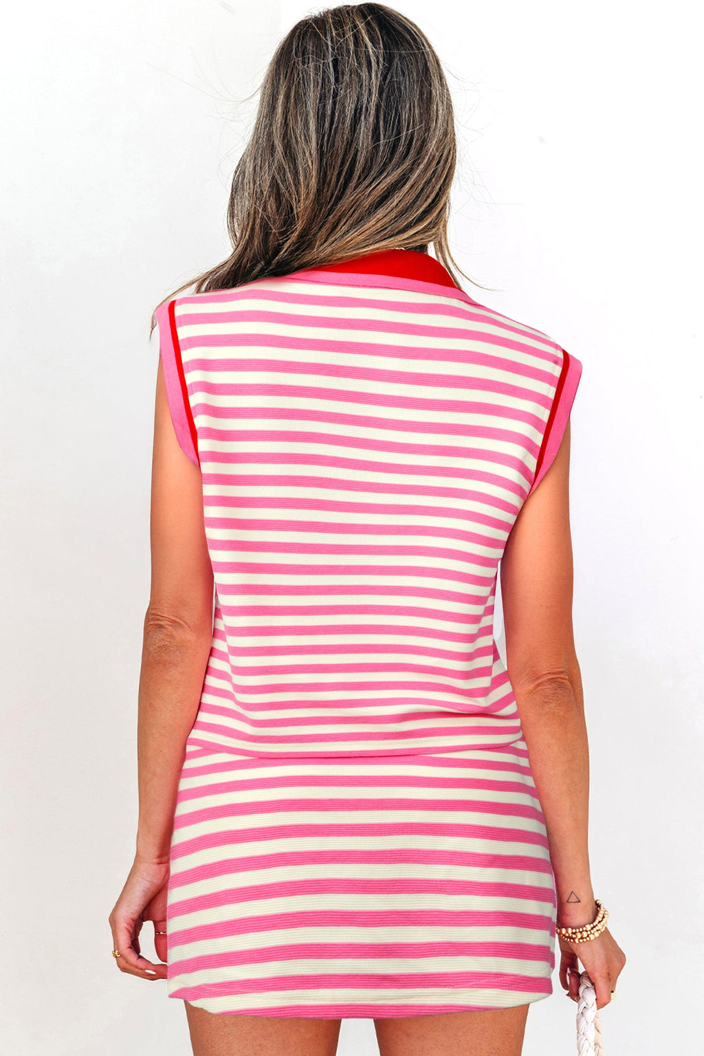 Stripe Textured Zip Collar Top & Skort Set