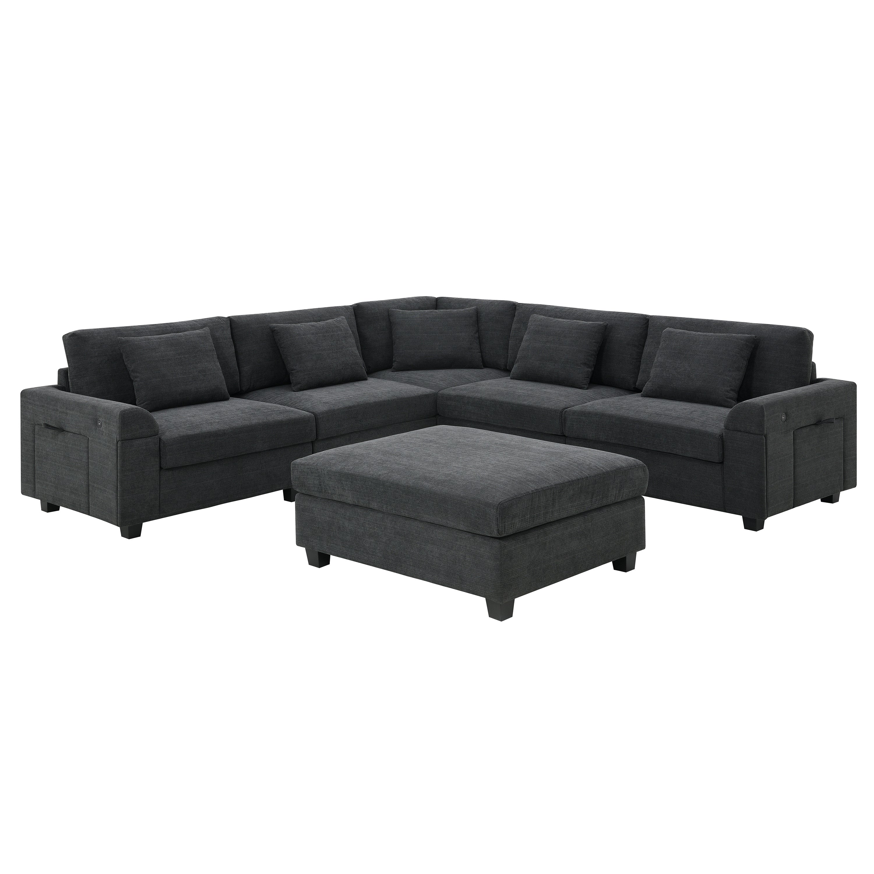 Chenille U Shaped Sectional Sofa with Ottoman and Storage, USB Ports, 2 Colors