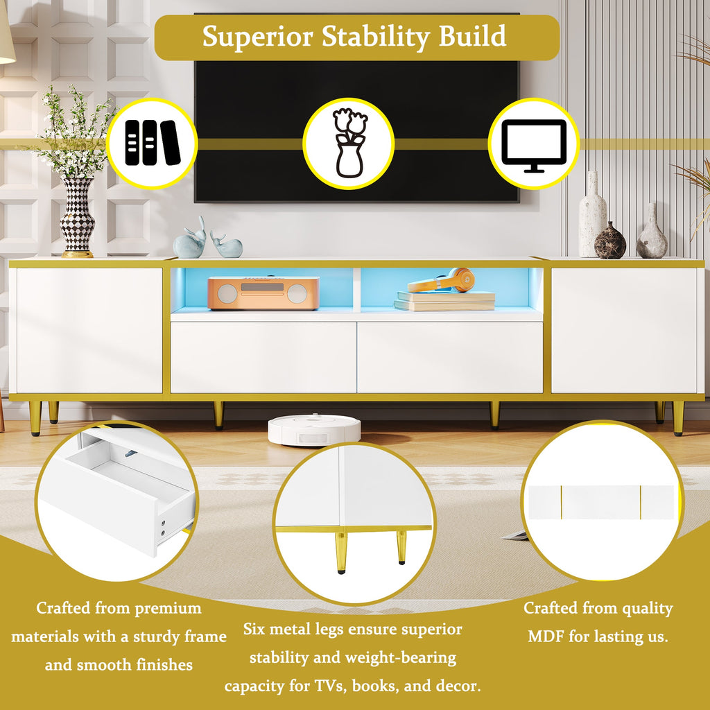U-Can 70.9'' Modern TV Stand for TVs up to 80 Inches, Entertainment Center with 2 Shelves and LED Lights, TV Storage Cabinet with 2 Drawers, 2 Cabinets and Metal Legs for Living room