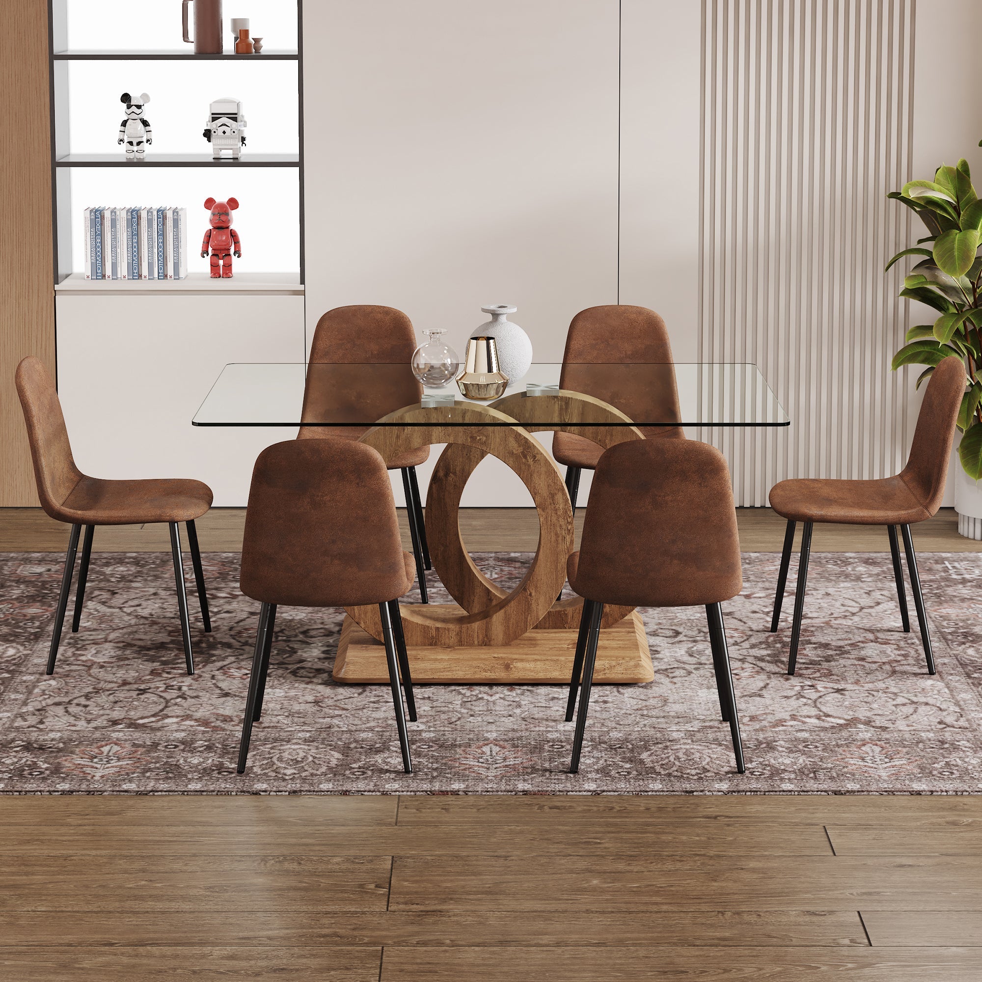 1 table and 6 chairs set.63'x35.4x30' Rectangular Transprant Tempered glass Dining Tabletop with Wood color MDF OC shaped bracket.Paired with 6 brown technology fabric dining chairs.W1151S02013