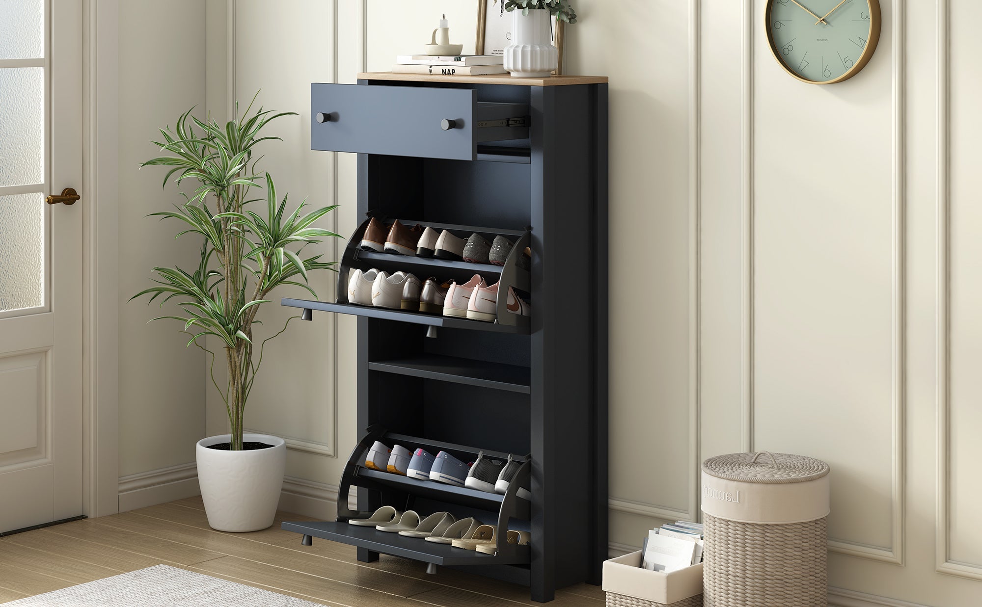 ON-TREND Functional Entryway Organizer with 2 Flip Drawers, Wood Grain Pattern Top Shoe Cabinet with Drawer, Free Standing Shoe Rack with Adjustable Panel for Hallway, Black