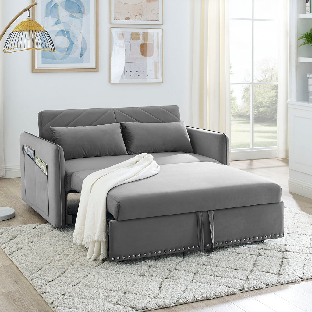 MH' Sleeper Sofa Bed w/USB Port, 3-in-1 adjustable sleeper with pull-out bed, 2 lumbar pillows and side pocket, soft velvet convertible sleeper sofa bed, suitable for living room bedroom