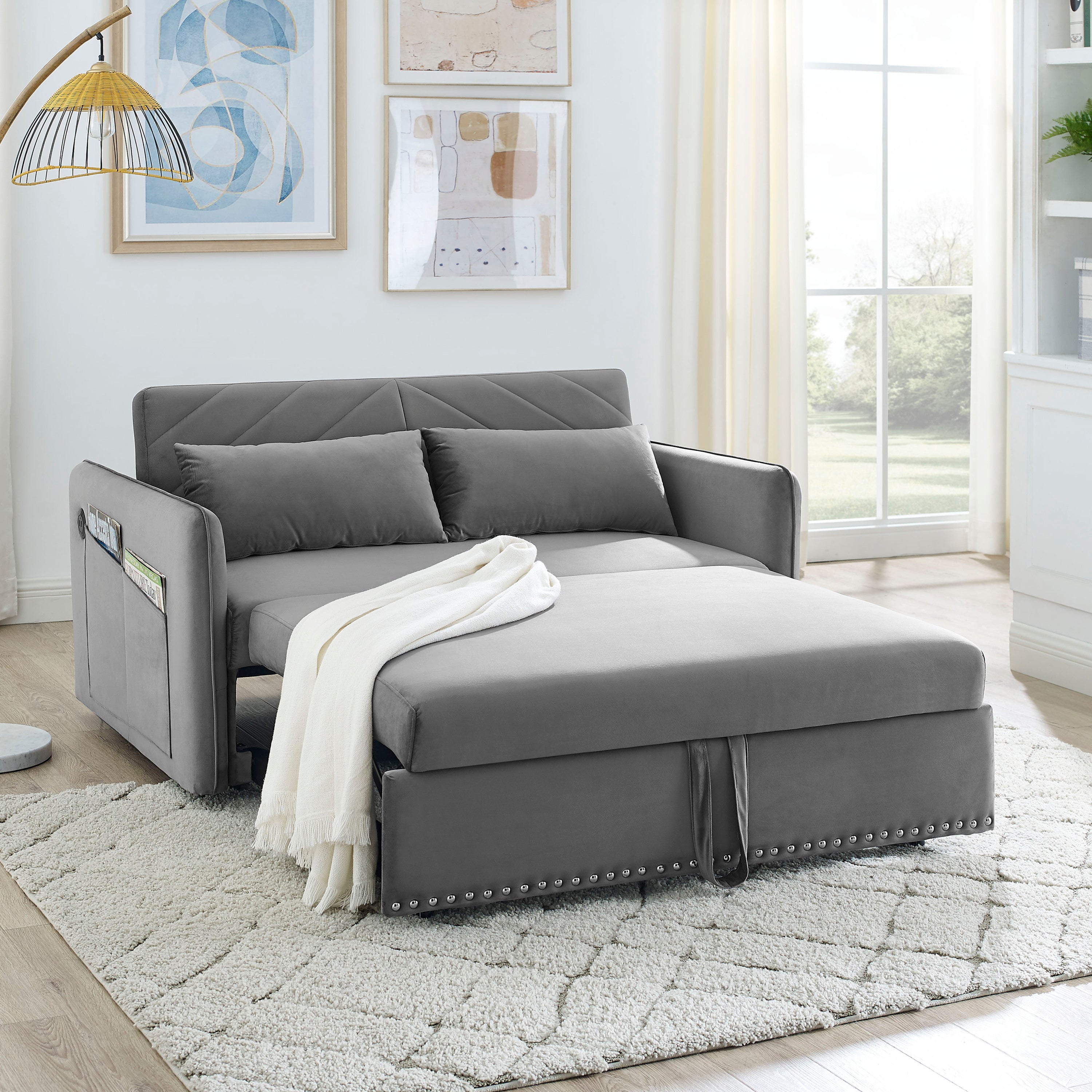 MH' Sleeper Sofa Bed w/USB Port, 3-in-1 adjustable sleeper with pull-out bed, 2 lumbar pillows and side pocket, soft velvet convertible sleeper sofa bed, suitable for living room bedroom