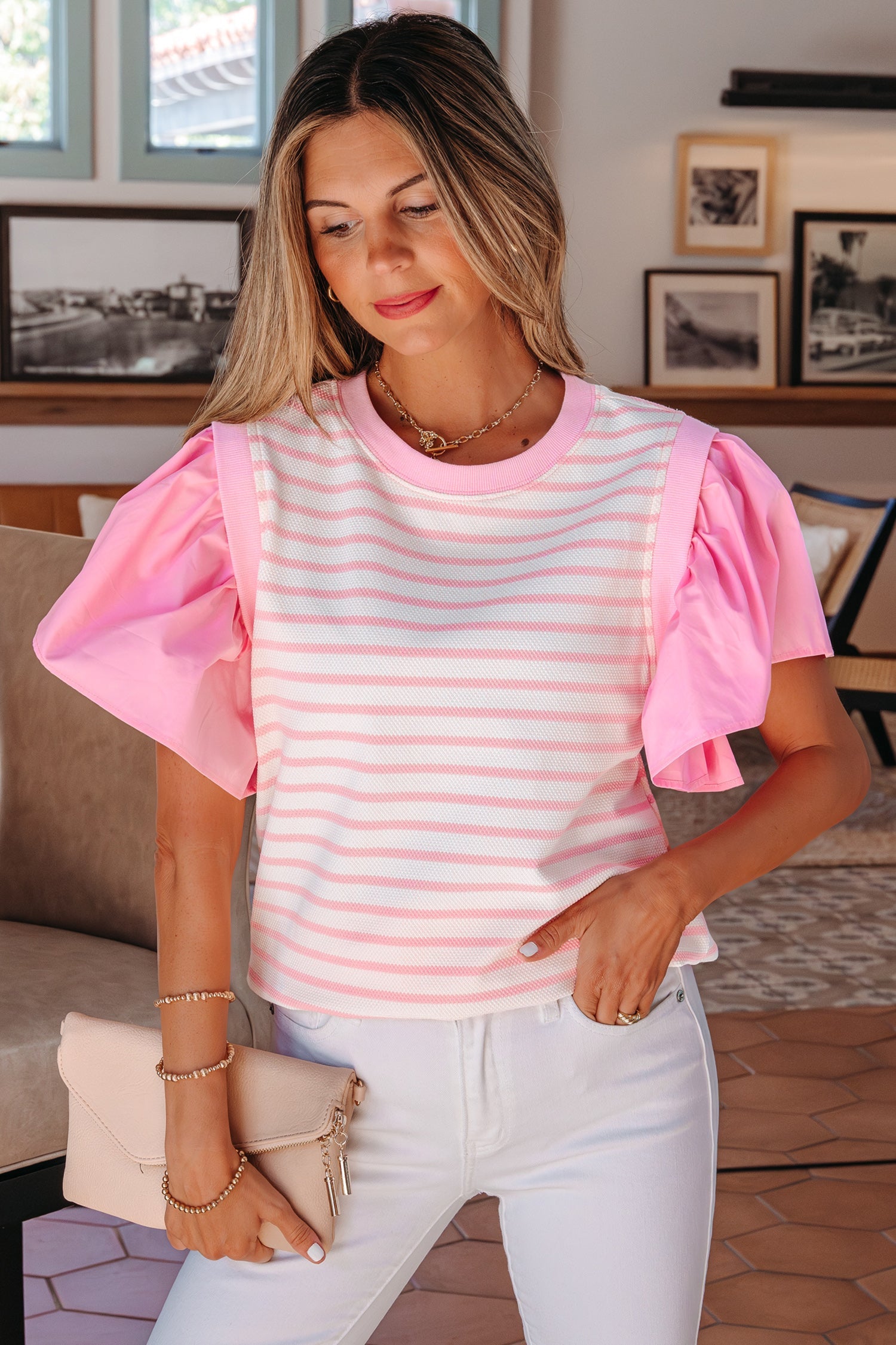 Stripe Patchwork Ruffle Short Sleeve Blouse