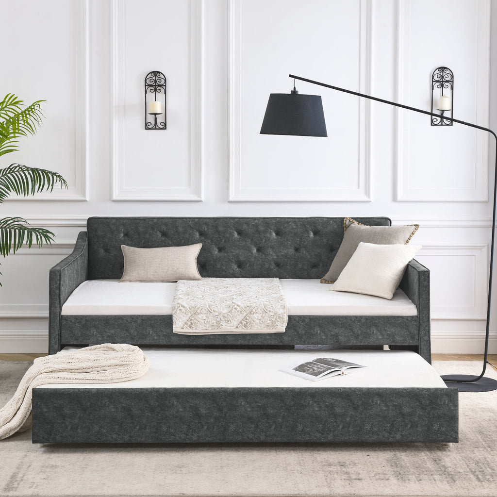 Twin Size Daybed with Twin Size Trundle Upholstered Tufted Sofa Bed,  Waved Shape Arms, Grey (80.5'x44.5'x33.5')