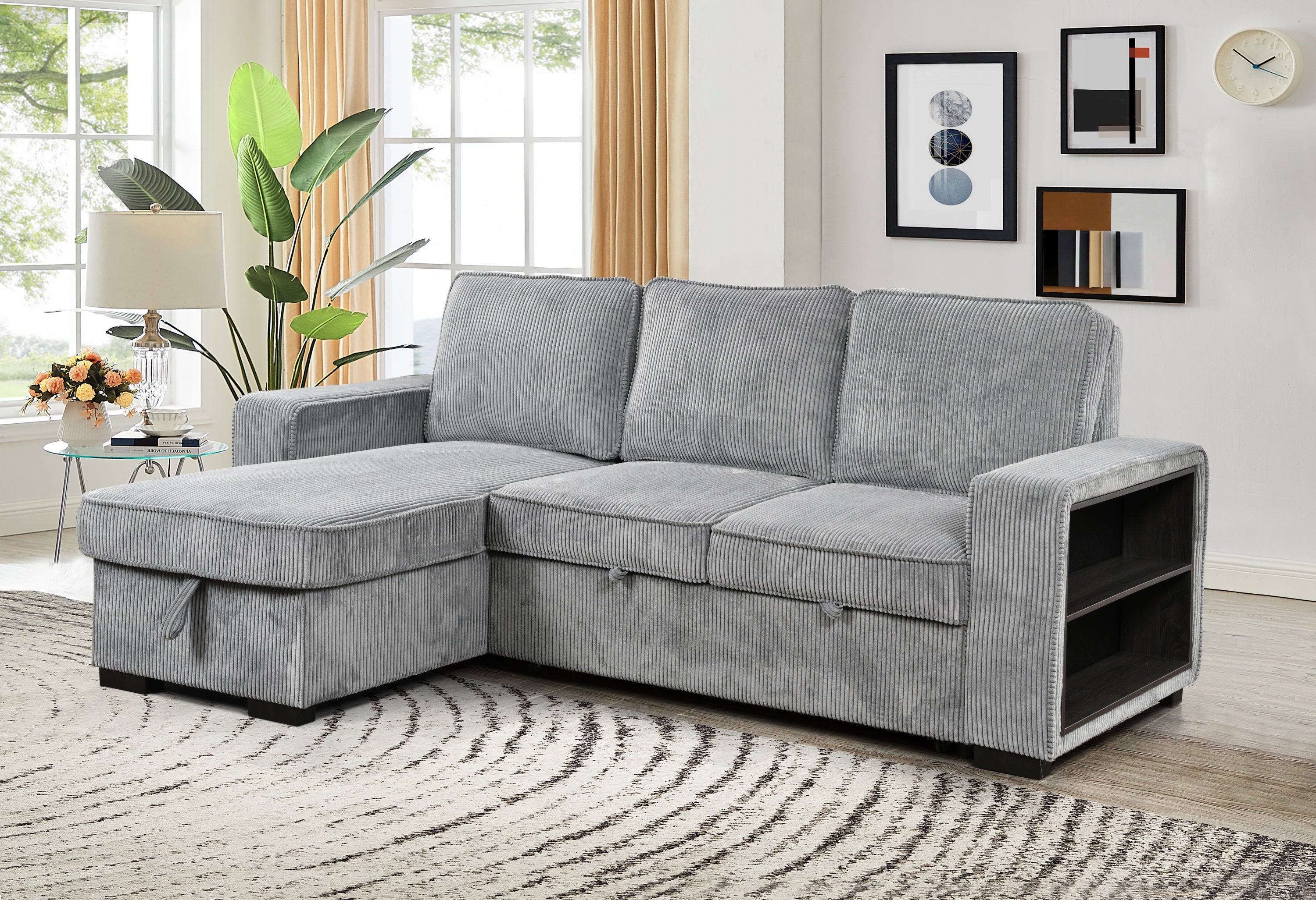 Modern Sofa L-Shaped Sectional Sofa Pull Out SofaBed Convertible Sleeper Sofa Bed with Storage Chaise & USB Port & Cup Holder for Living Room - Light Gray