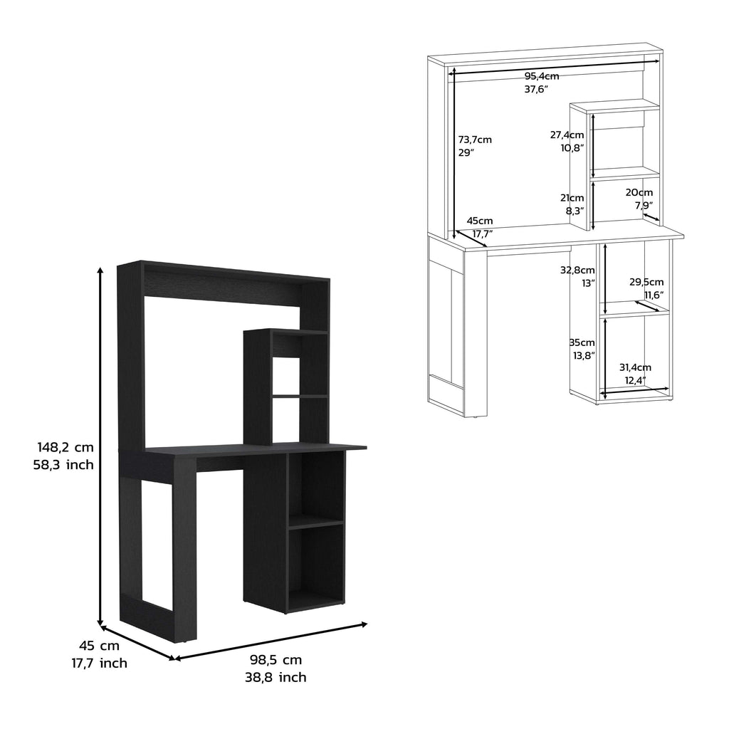 Writing Computer Desk with Storage Shelves and Hutch, Black