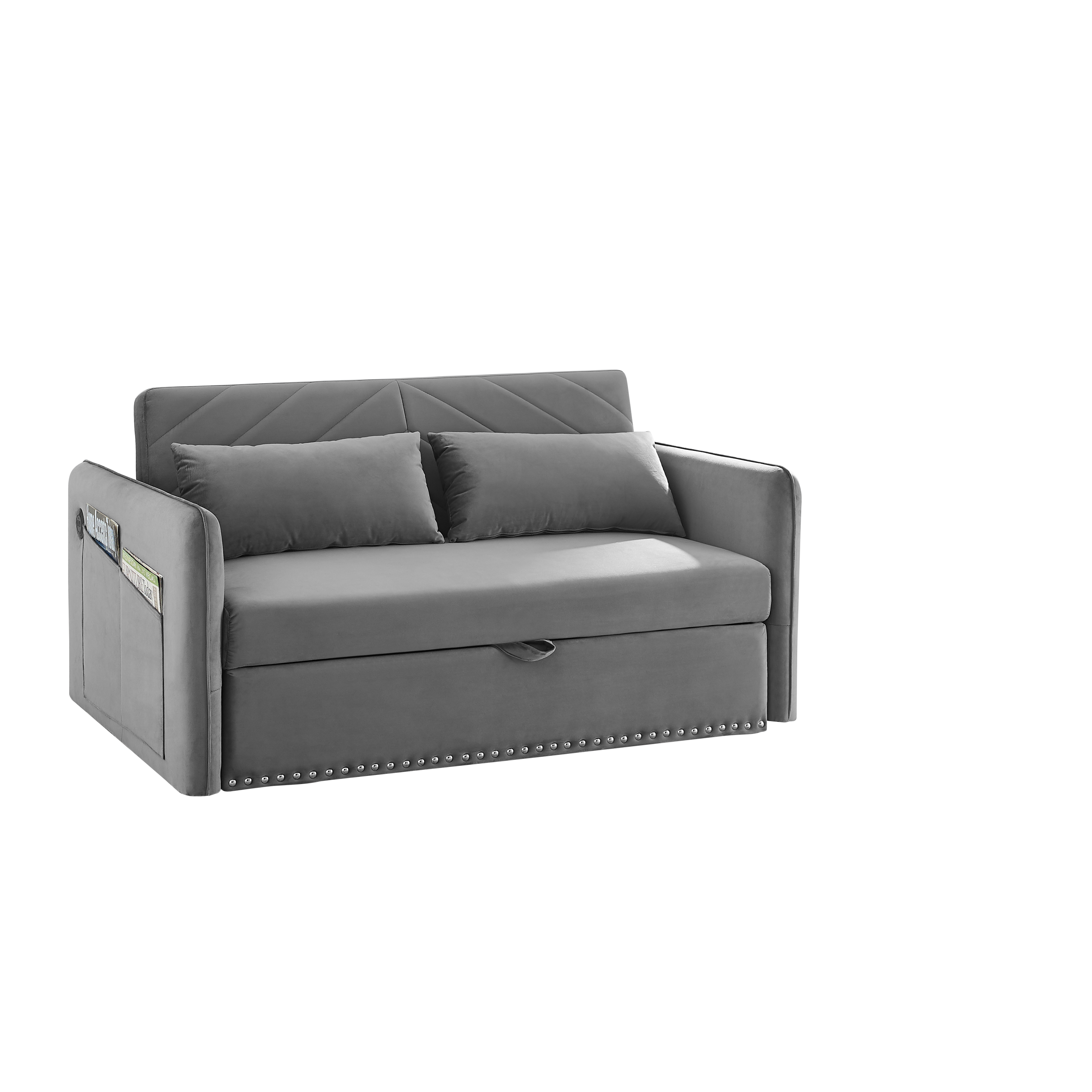 MH' Sleeper Sofa Bed w/USB Port, 3-in-1 adjustable sleeper with pull-out bed, 2 lumbar pillows and side pocket, soft velvet convertible sleeper sofa bed, suitable for living room bedroom