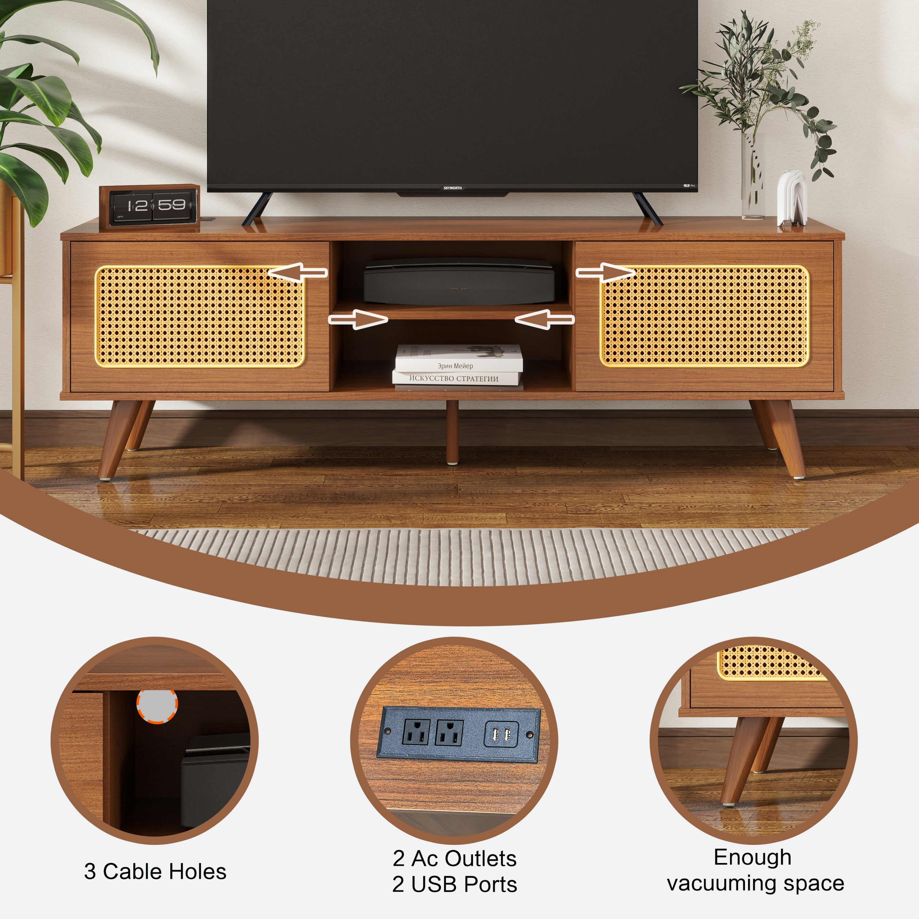 Mid Century Modern Rattan TV Stand for 55/60/65 inch TV , Entertainment Cabinet, Media Console for Living Room Bedroom Media Room, Solid Wood Feet & Rattan Cabinet Doors  (Walnut, 59')