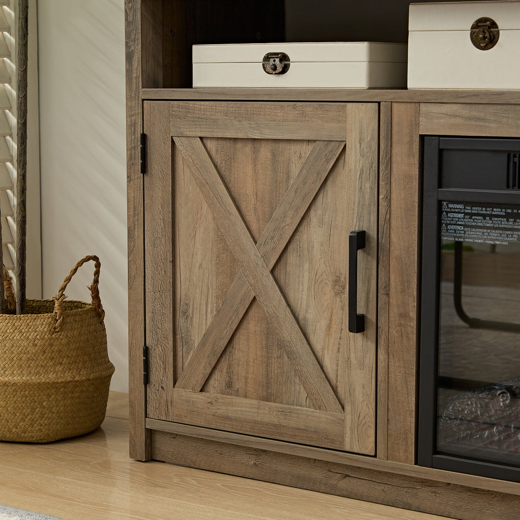 Farmhouse TV Media Stand, Large Barn Inspired Home Entertainment Console, with 18' Fireplace Insert, for TV Up to 65'', with Open Shelves and Closed Cabinets, Gray Wash 57.87*15.75*30.31