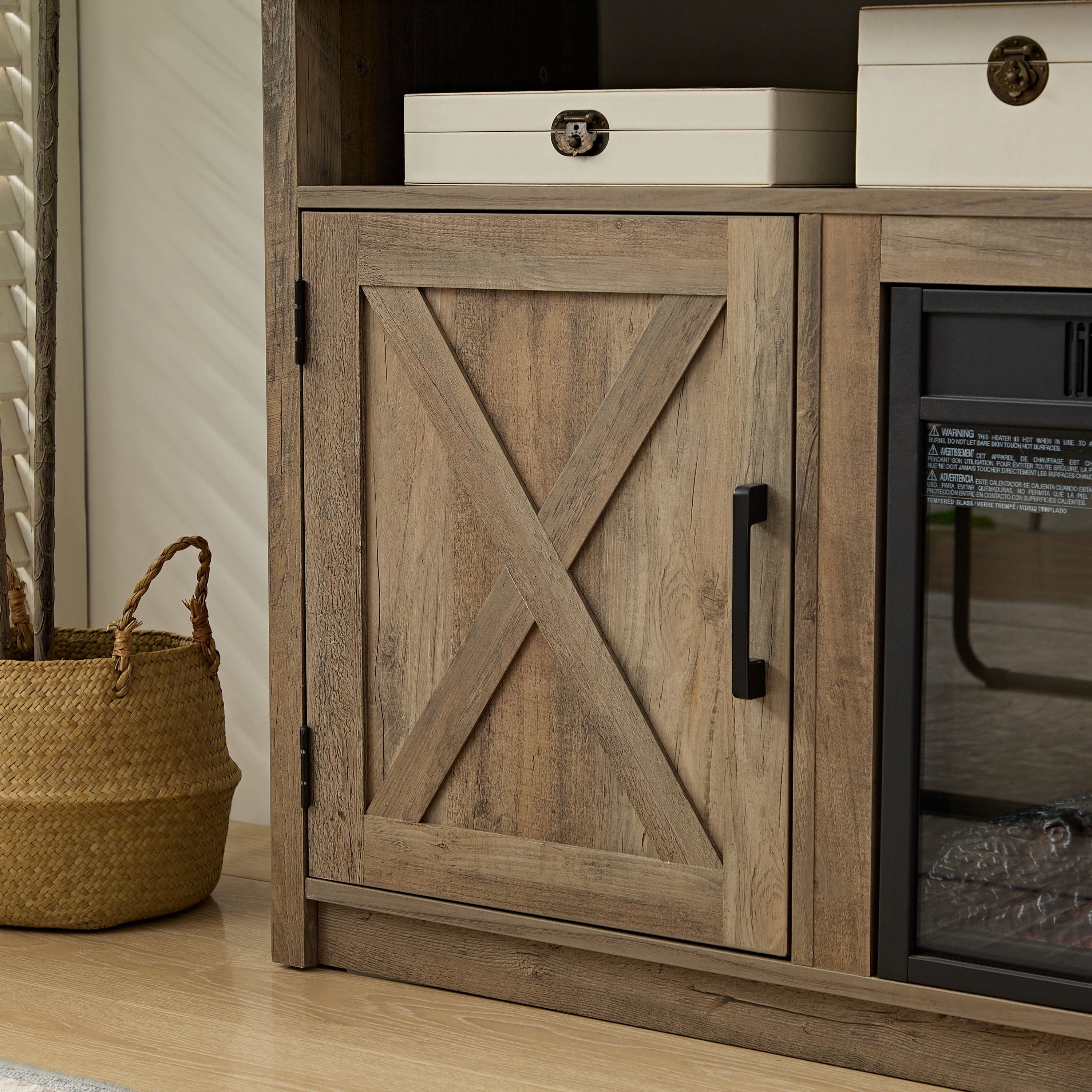 Farmhouse TV Media Stand, Large Barn Inspired Home Entertainment Console, with 18' Fireplace Insert, for TV Up to 65'', with Open Shelves and Closed Cabinets, Gray Wash 57.87*15.75*30.31
