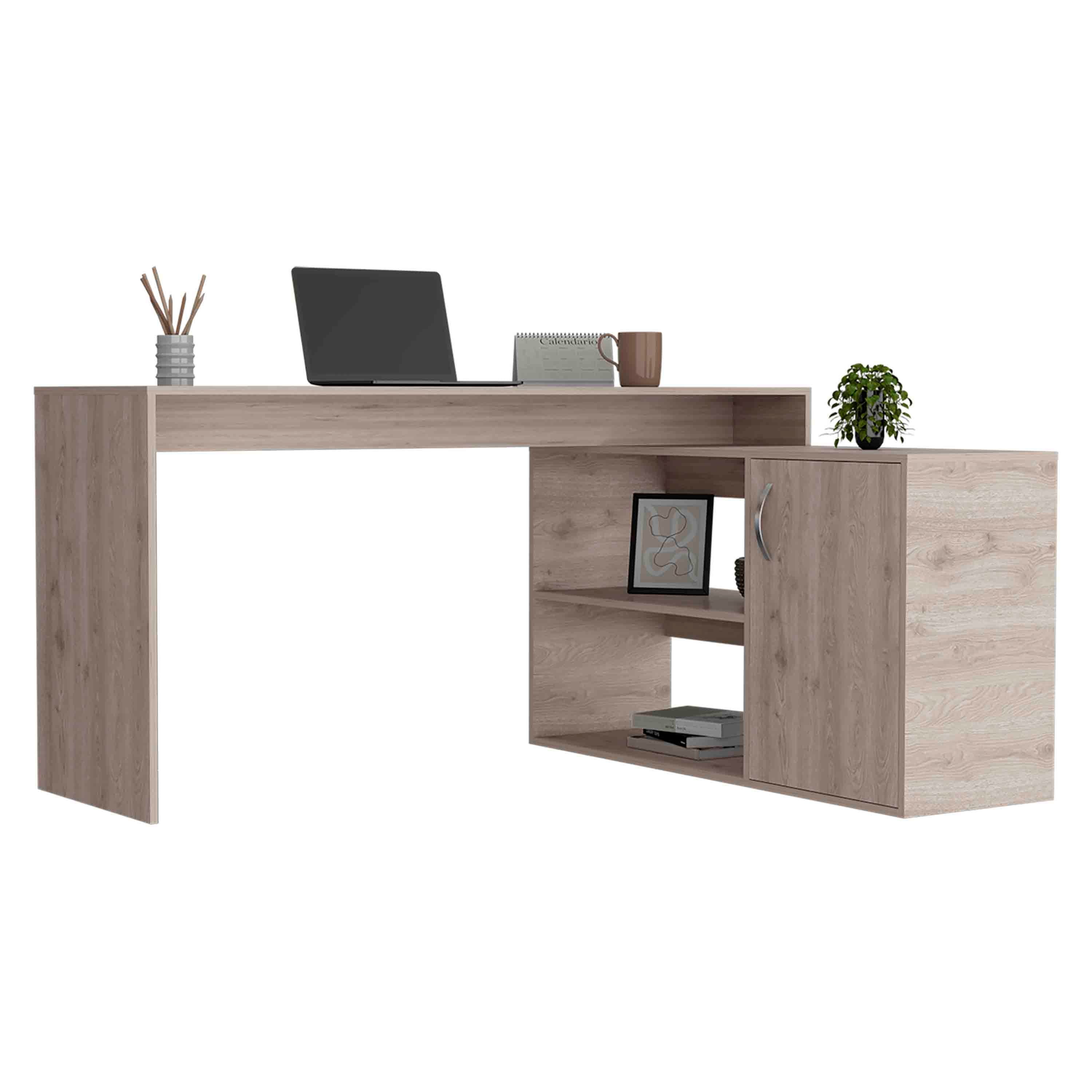 Antlia L-Shaped Writing Desk, Two Shelves, Single Door Cabinet