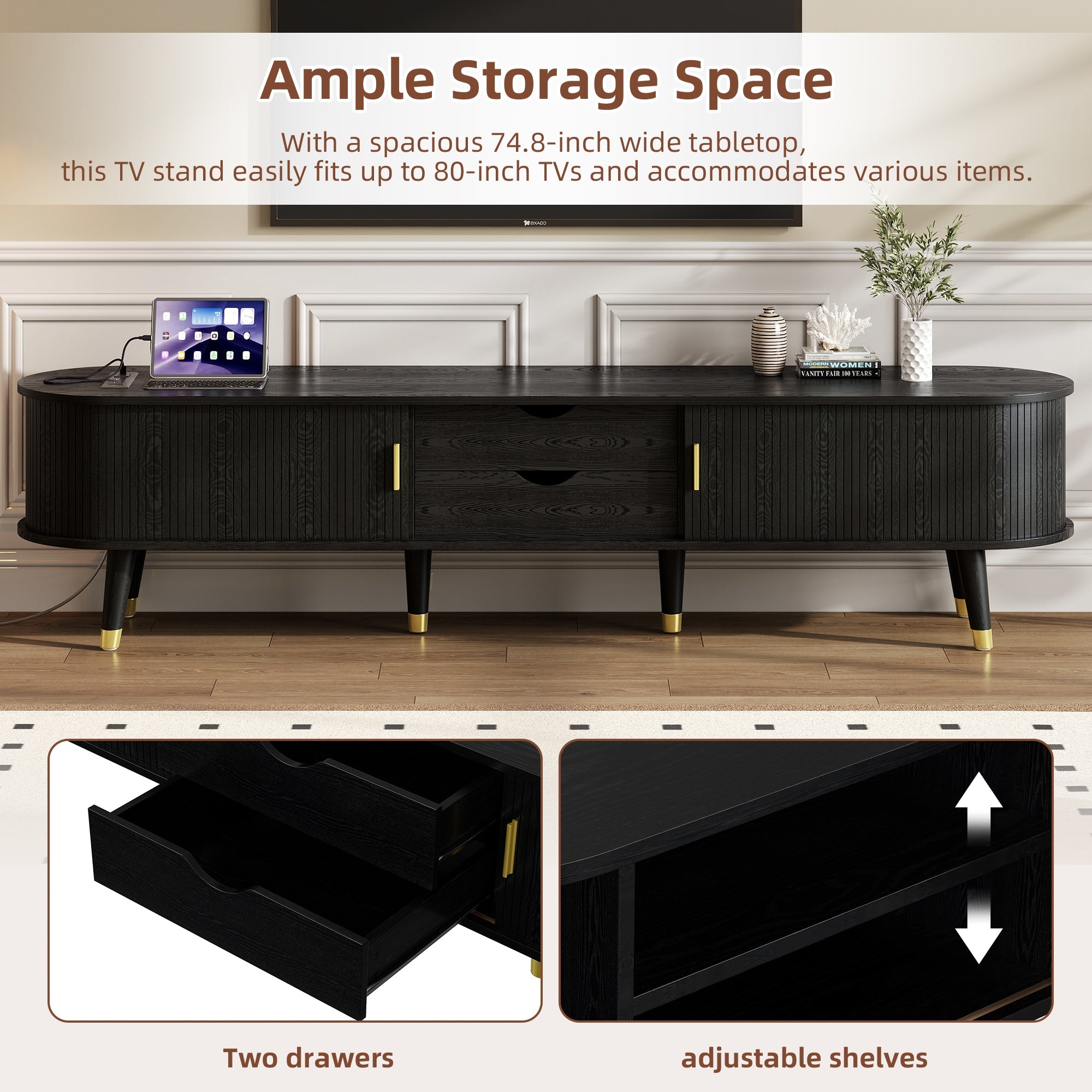 [Assembly Video]Wooden Oval Fluted TV Stand with Charging Station for TV up to 80', Mid-Century Media Console with Sliding Tambour Door, Farmhouse TV Cabinet with Golden Handle for Living Room, Black