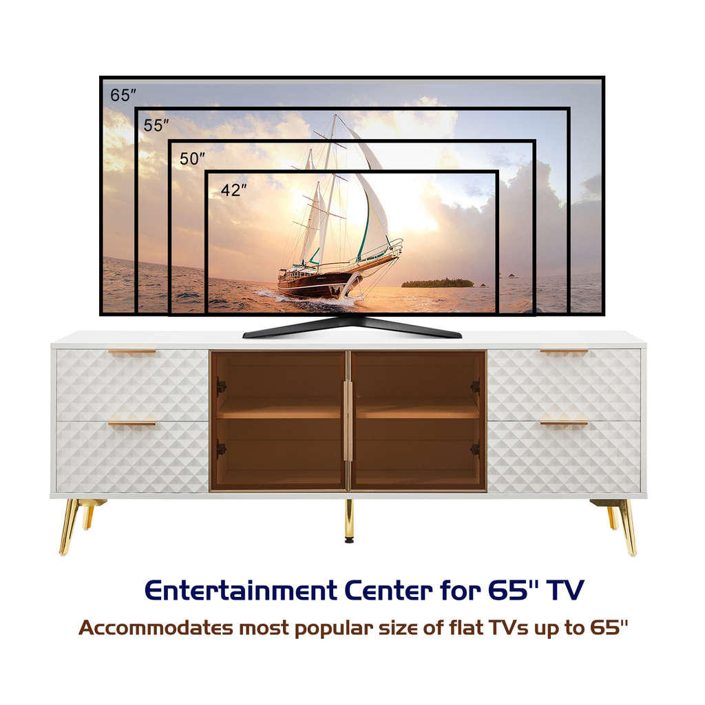 Deluxe Sculpted Modern Fashion Geometric Style TV Stand, Aluminum Frame Tempered Glass Door 4 Drawer Chest with Adjustable Metal Feet ,White,59.9'L x 15.7'W x 21.7'H