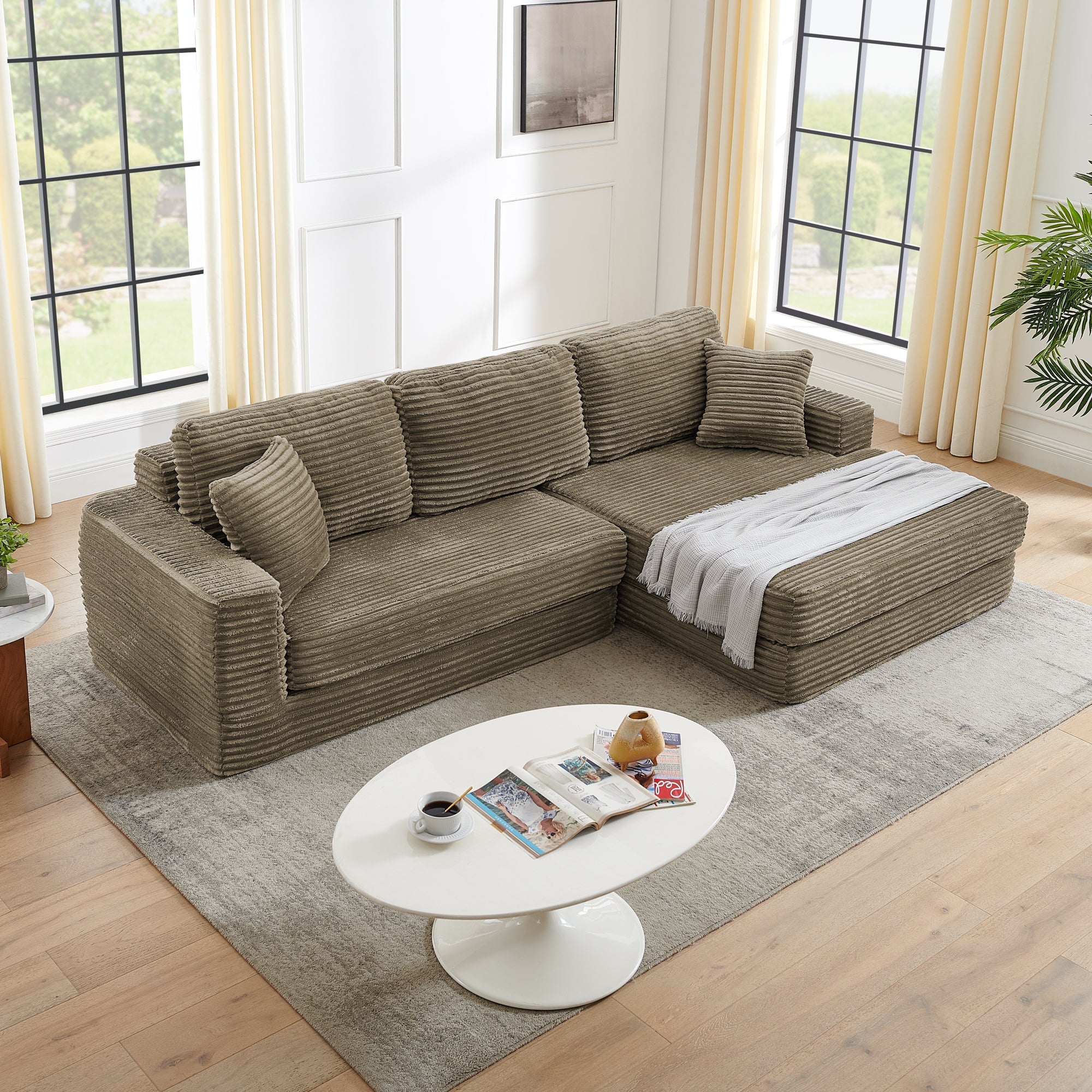 Right sofa seat,L shape Modular Sectional Sofa, Compressed Sectional Sofa Modern Minimalist Style Corduroy Couch,Unfold into a bed, Bedroom, Comfy Compressed Sofa Couch Space-Efficient Design-Brown