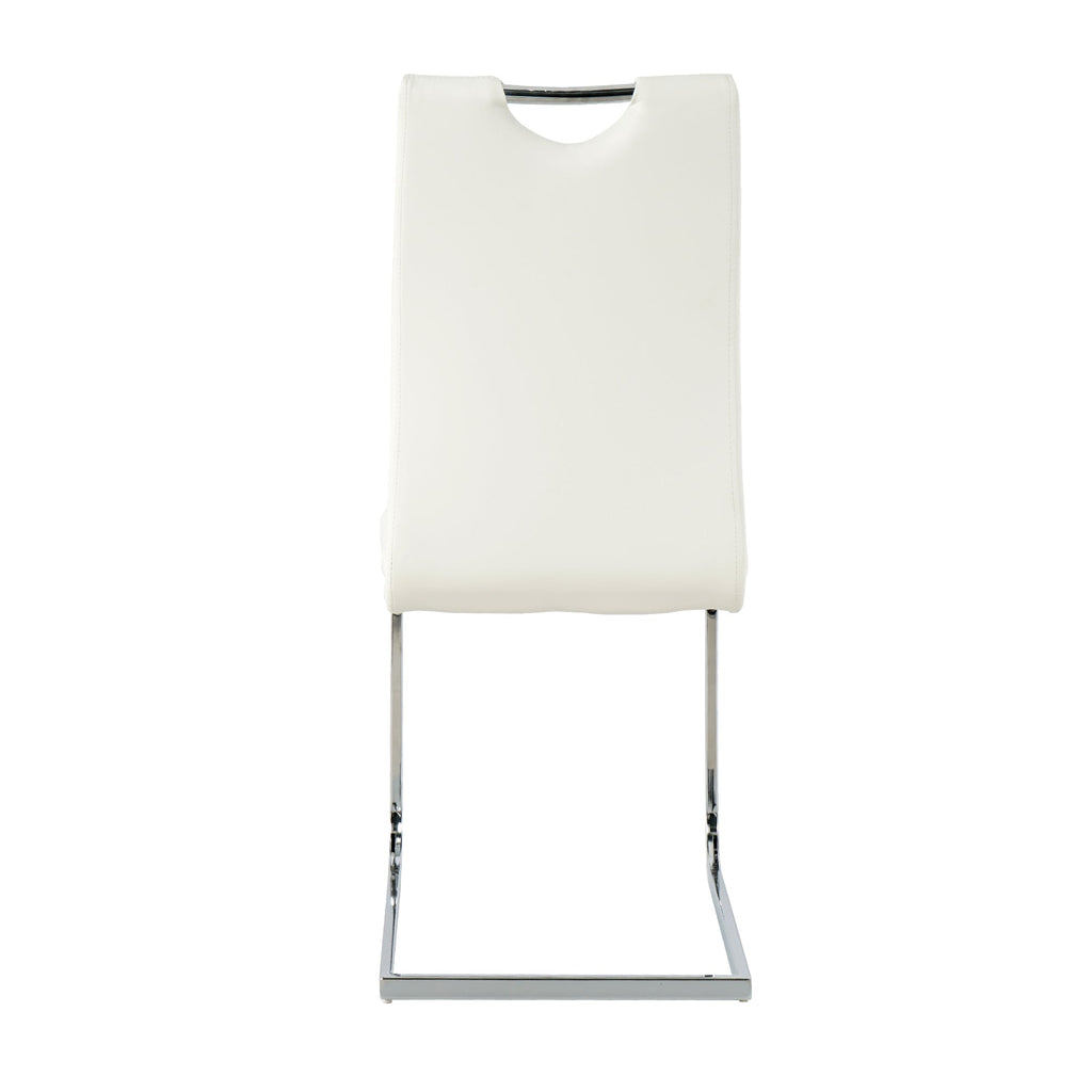Modern style glass dining table, elegant transparent design, sturdy stainless steel base, white dining chairs set, electroplated chair legs, suitable for dining room and kitchen (set of 7)